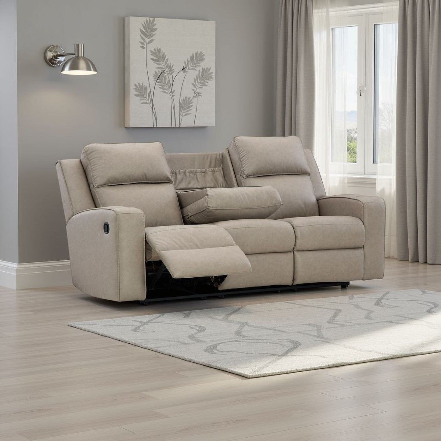 Divano reclinabile manuale Livie, USB, tavolo, 87 pollici, similpelle beige grigia