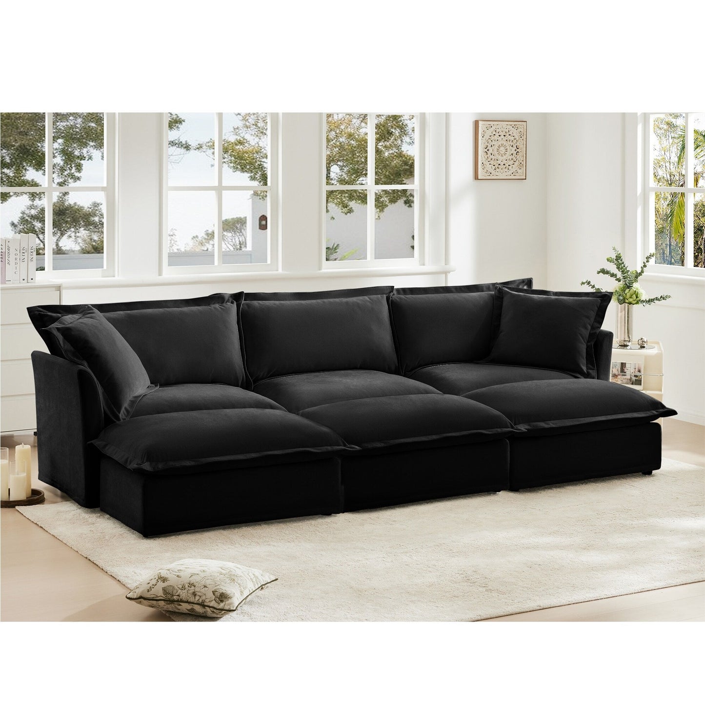 Divano per soggiorno, divano foderato, divano a 3 posti con 3 pouf, divano letto oversize a 3 posti, divano per home theater, ciniglia