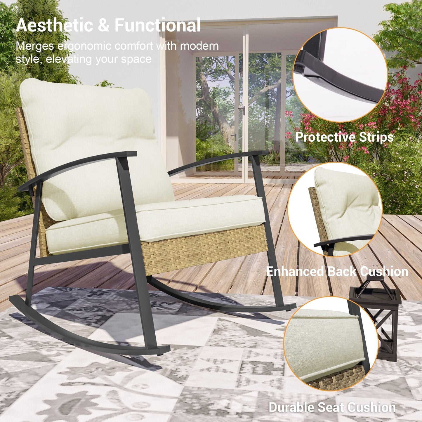 Livoosun set da bistrot a dondolo da 3 pezzi per patio, mobili da esterno per veranda, set di 2 sedie da patio con tavolino laterale per giardino