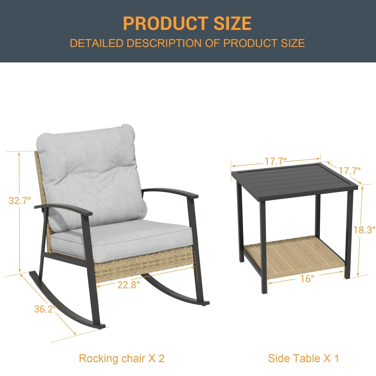 Livoosun set da bistrot a dondolo da 3 pezzi per patio, mobili da esterno per veranda, set di 2 sedie da patio con tavolino laterale per giardino