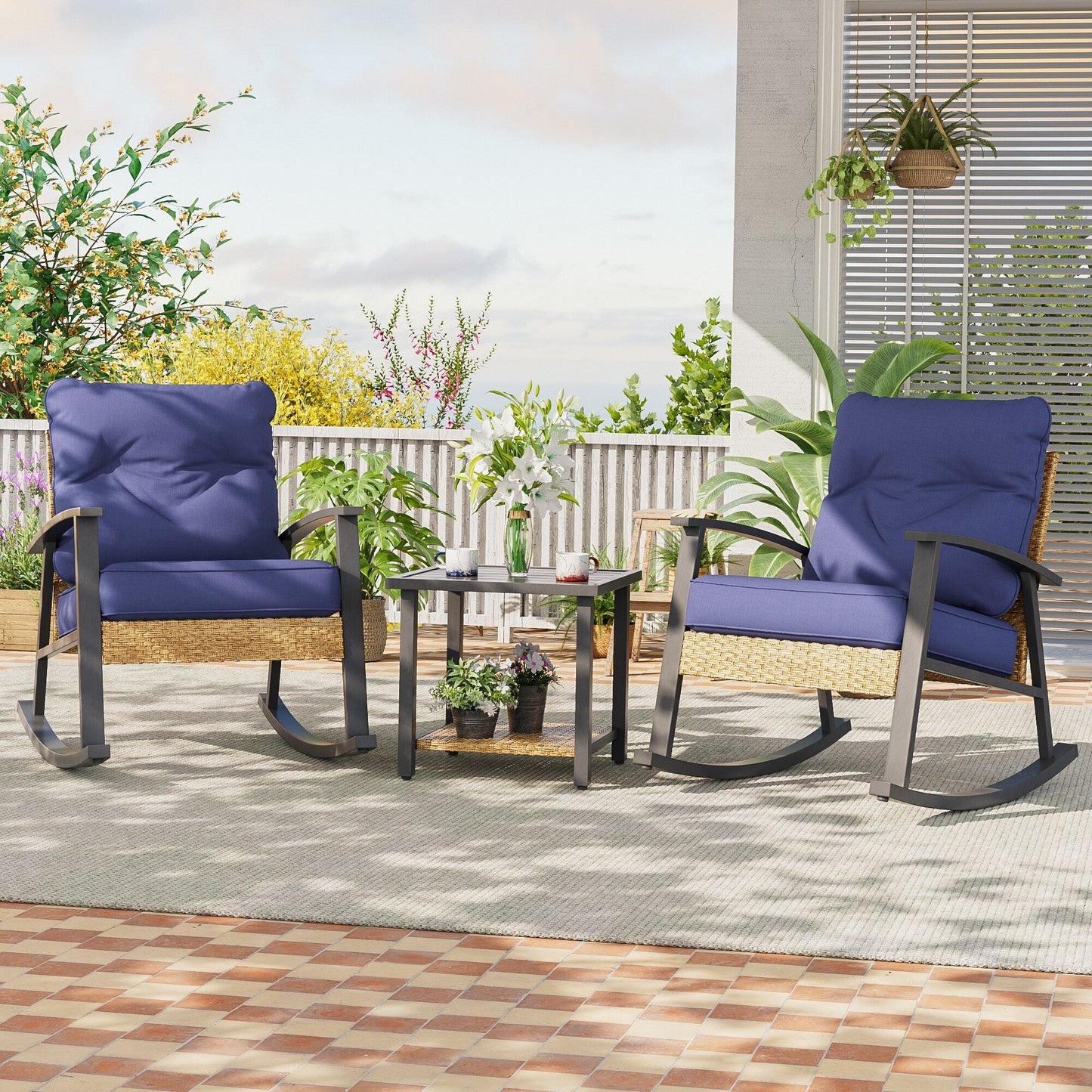 Livoosun set da bistrot a dondolo da 3 pezzi per patio, mobili da esterno per veranda, set di 2 sedie da patio con tavolino laterale per giardino