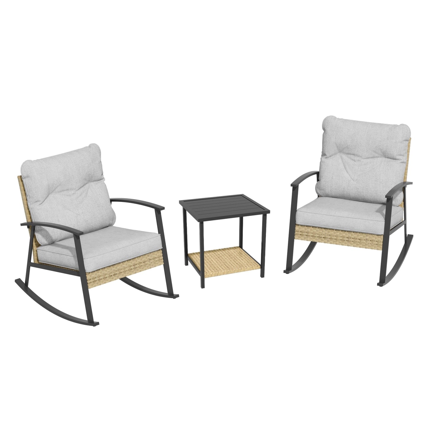 Livoosun set da bistrot a dondolo da 3 pezzi per patio, mobili da esterno per veranda, set di 2 sedie da patio con tavolino laterale per giardino