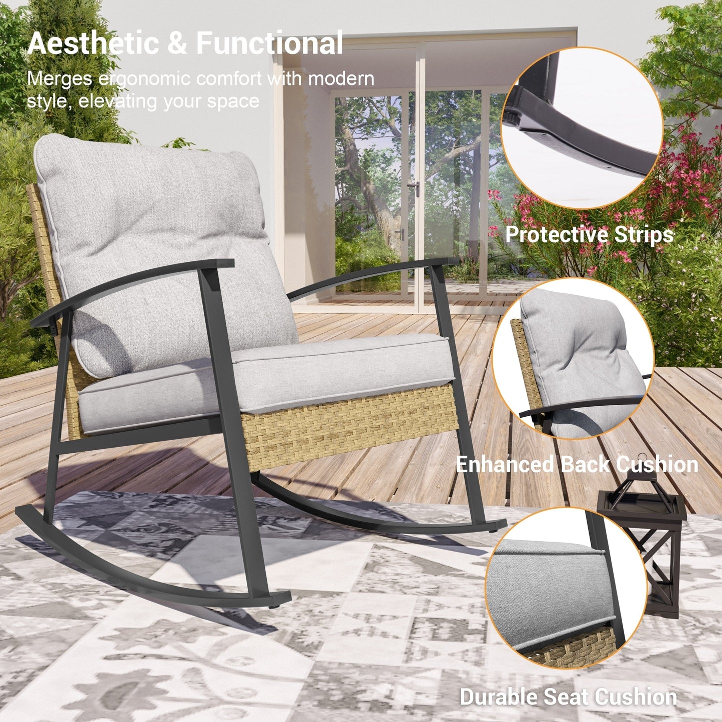 Livoosun set da bistrot a dondolo da 3 pezzi per patio, mobili da esterno per veranda, set di 2 sedie da patio con tavolino laterale per giardino