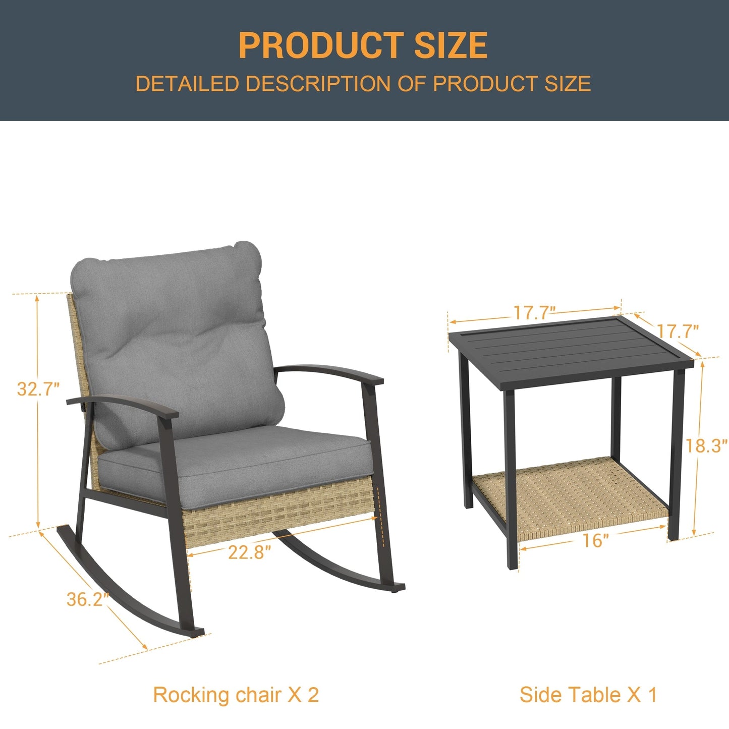 Livoosun set da bistrot a dondolo da 3 pezzi per patio, mobili da esterno per veranda, set di 2 sedie da patio con tavolino laterale per giardino