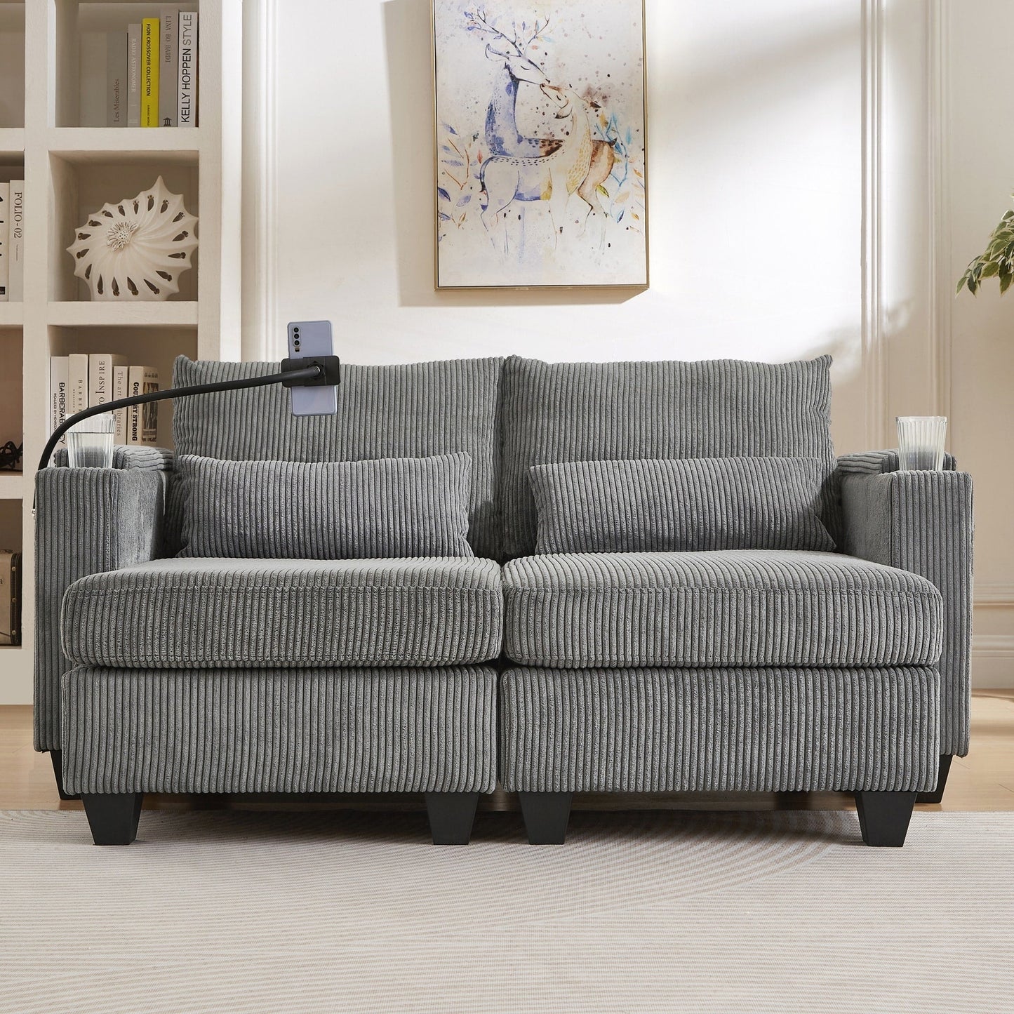 Divano a due posti, divano letto in velluto a coste con porte USB