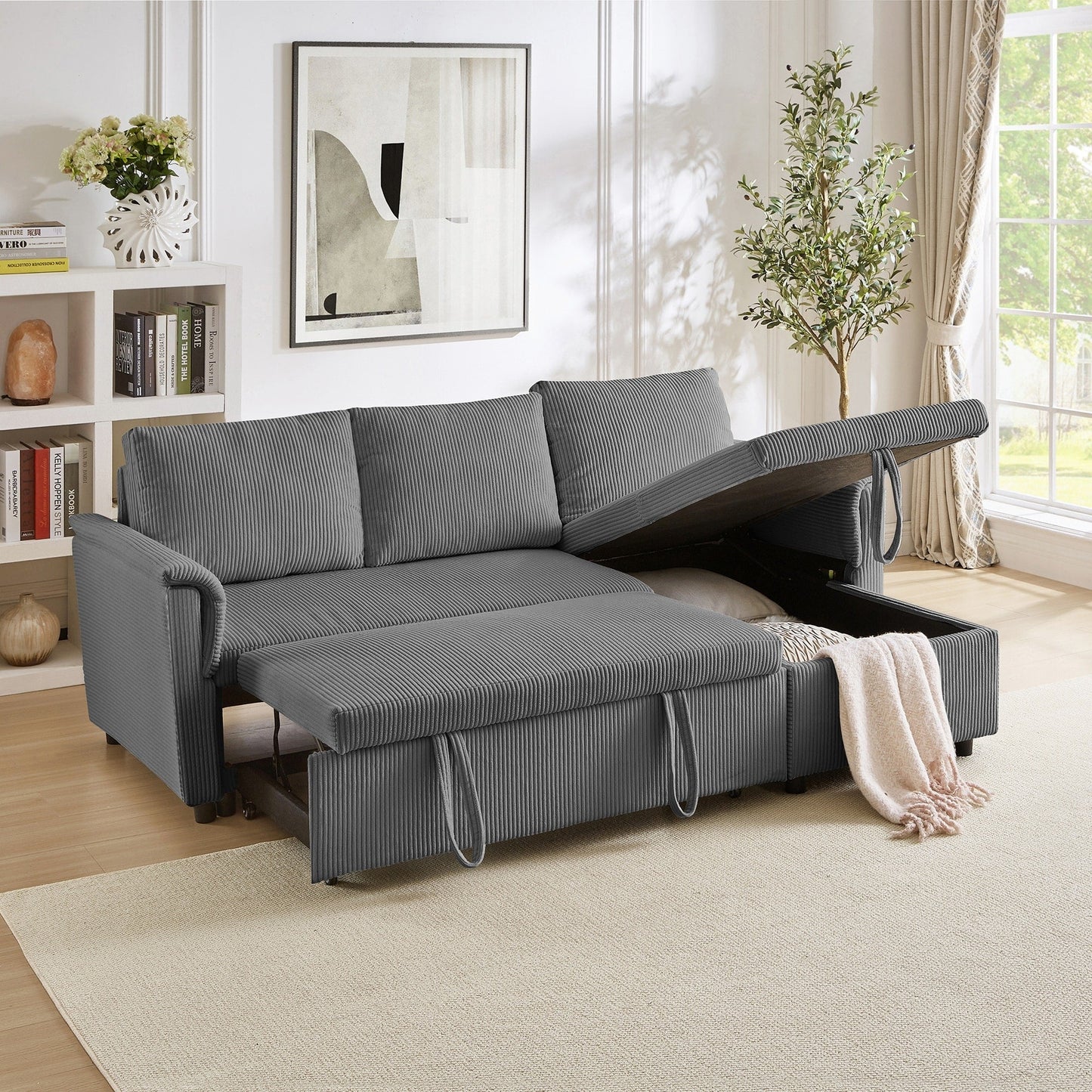 Divano a due posti con chaise longue, divano modulare convertibile a L con chaise longue contenitore