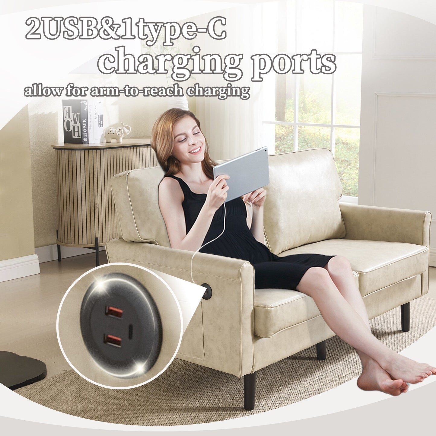 Divano a due posti, divani a 2 posti per soggiorno, divano piccolo con USB e fodera per cuscino rimovibile