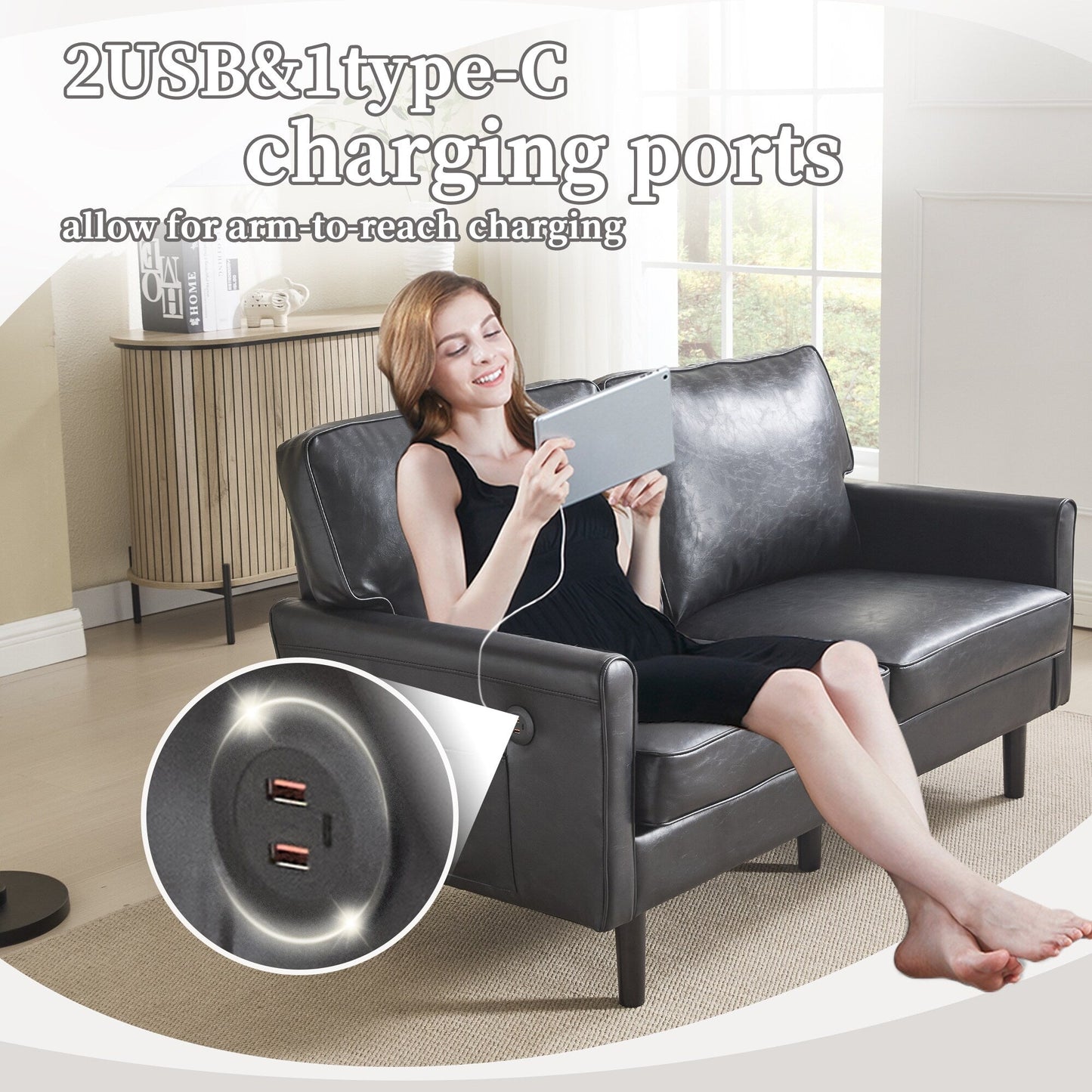 Divano a due posti, divani a 2 posti per soggiorno, divano piccolo con USB e fodera per cuscino rimovibile