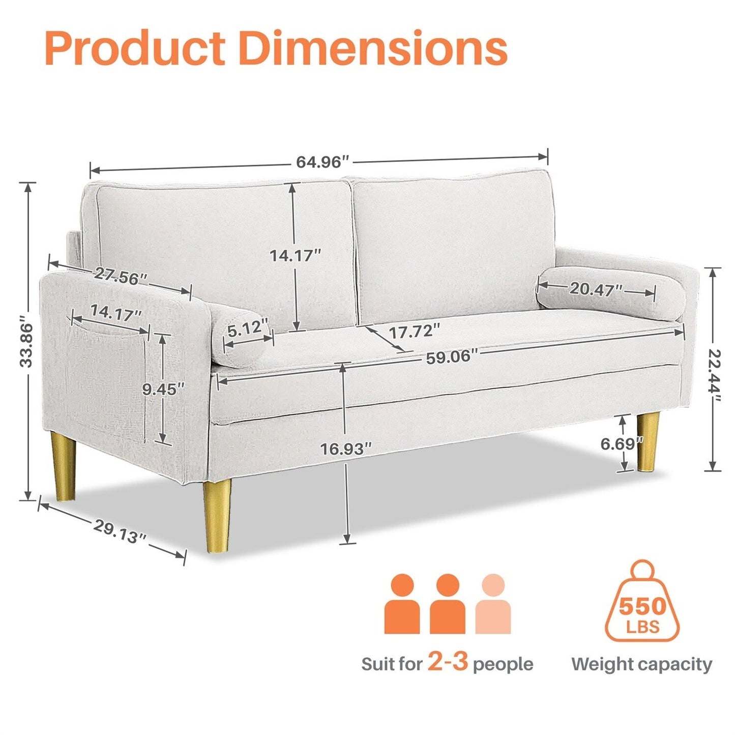 Divano a due posti, divano in tessuto, piccolo divano a due posti con tasche laterali per soggiorno, camera da letto, ufficio, appartamento, piccolo spazio