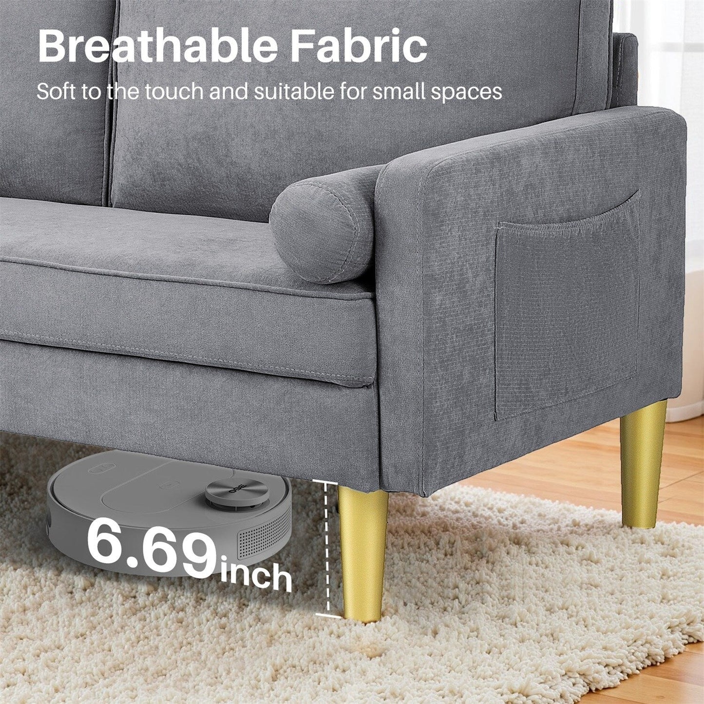 Divano a due posti, divano in tessuto, piccolo divano a due posti con tasche laterali per soggiorno, camera da letto, ufficio, appartamento, piccolo spazio