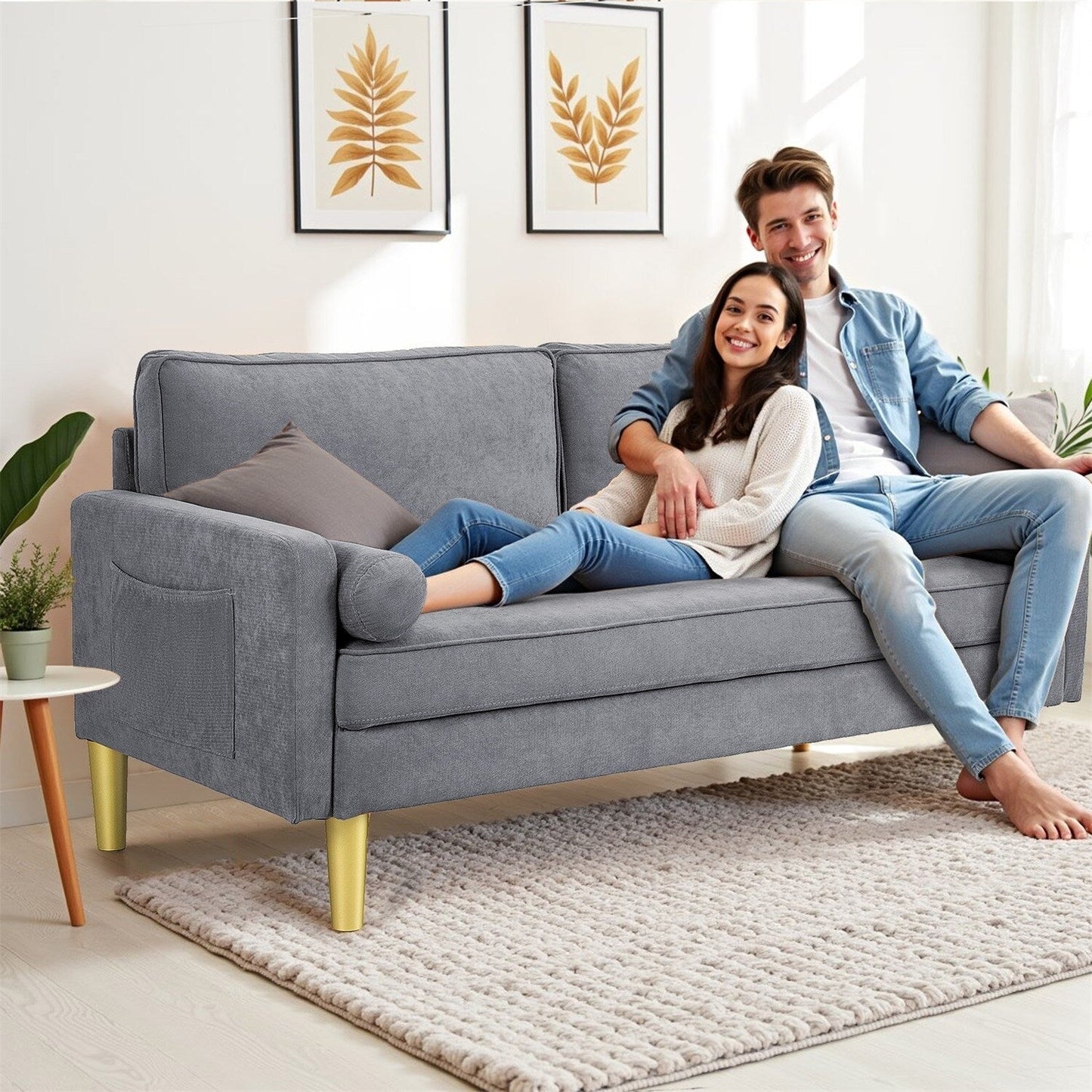 Divano a due posti, divano in tessuto, piccolo divano a due posti con tasche laterali per soggiorno, camera da letto, ufficio, appartamento, piccolo spazio