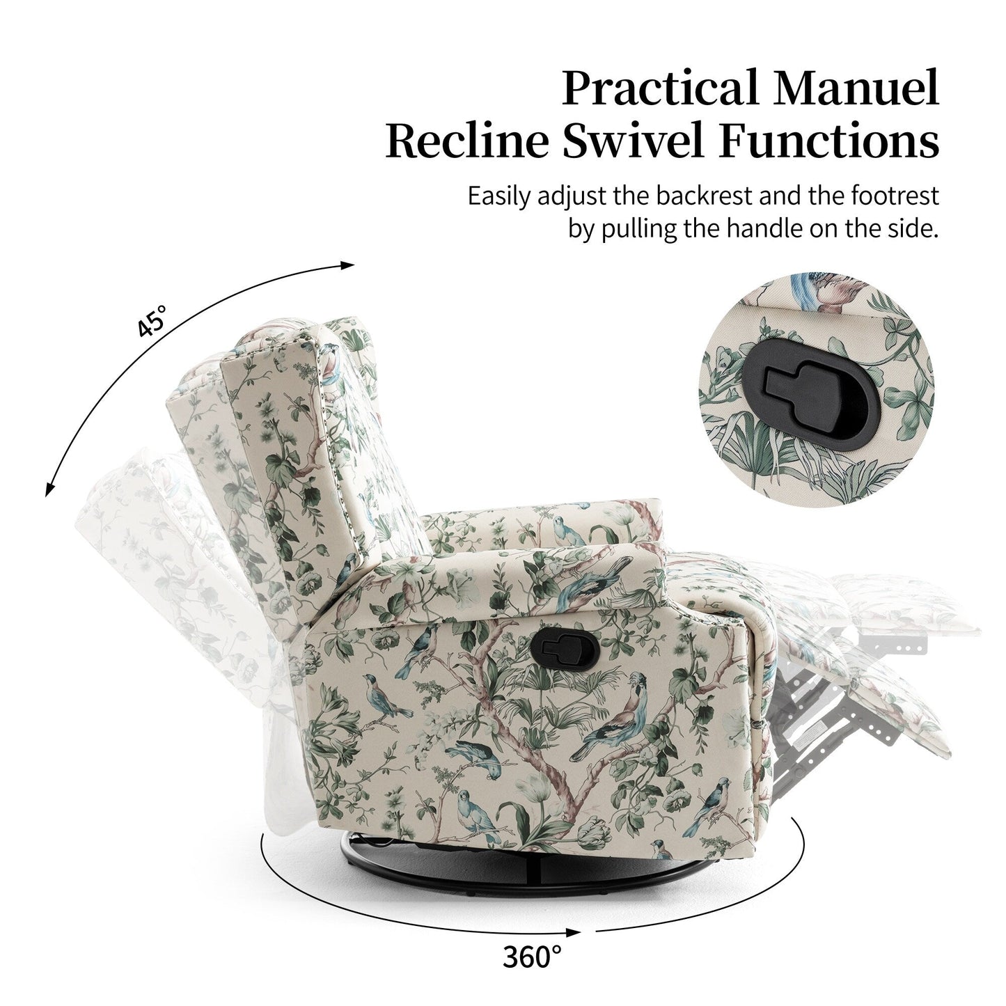 Poltrona reclinabile girevole manuale con schienale a spinta, motivo floreale, da 29'' di larghezza
