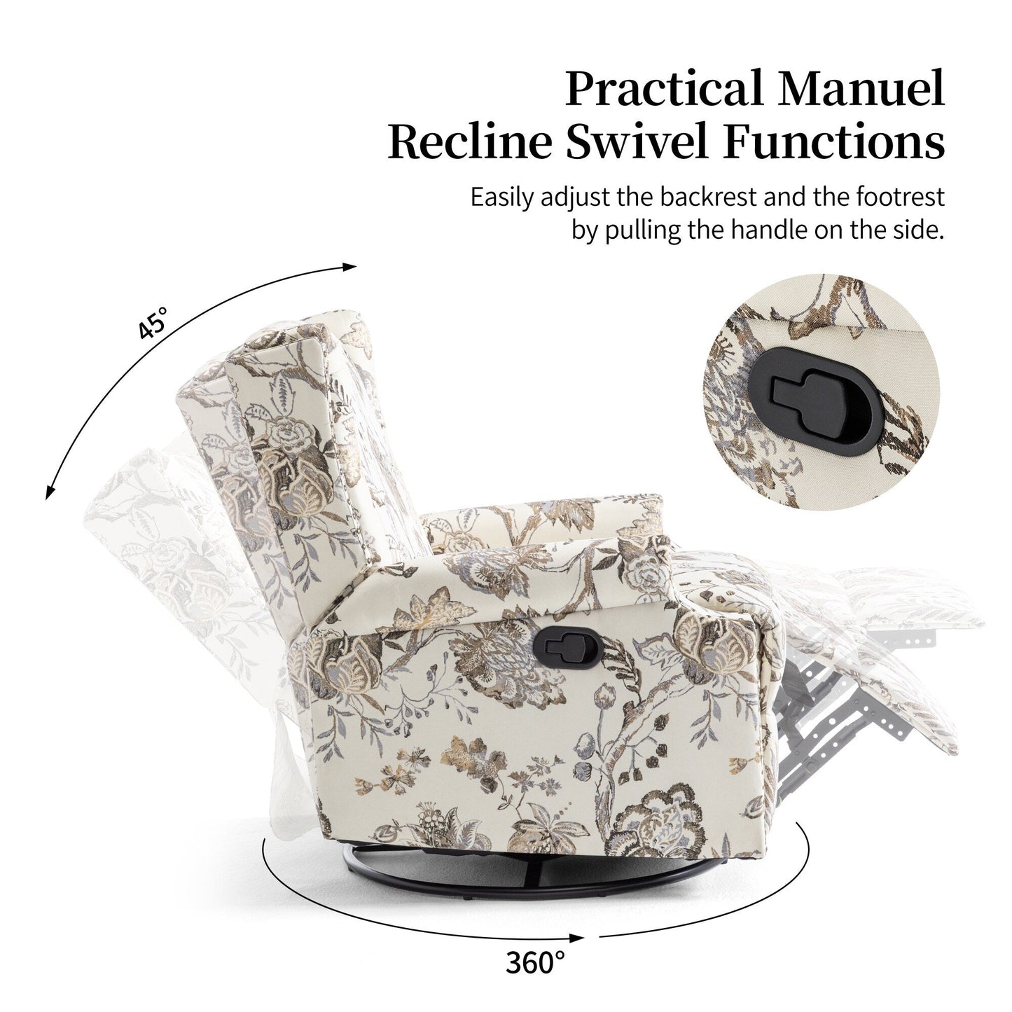 Poltrona reclinabile girevole manuale con schienale a spinta, motivo floreale, da 29'' di larghezza