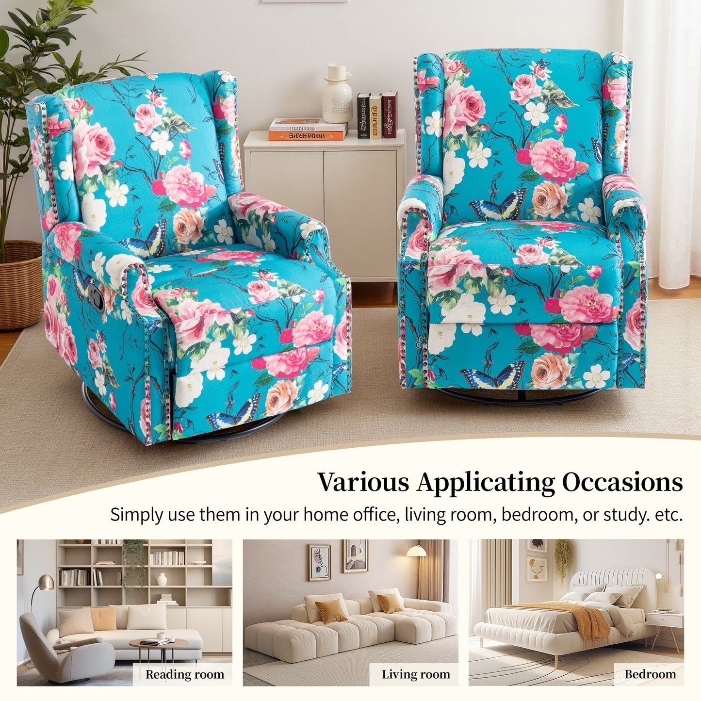 Poltrona reclinabile girevole manuale con schienale a spinta, motivo floreale, da 29'' di larghezza