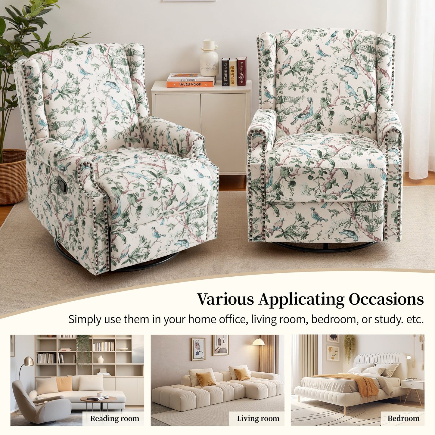 Poltrona reclinabile girevole manuale con schienale a spinta, motivo floreale, da 29'' di larghezza