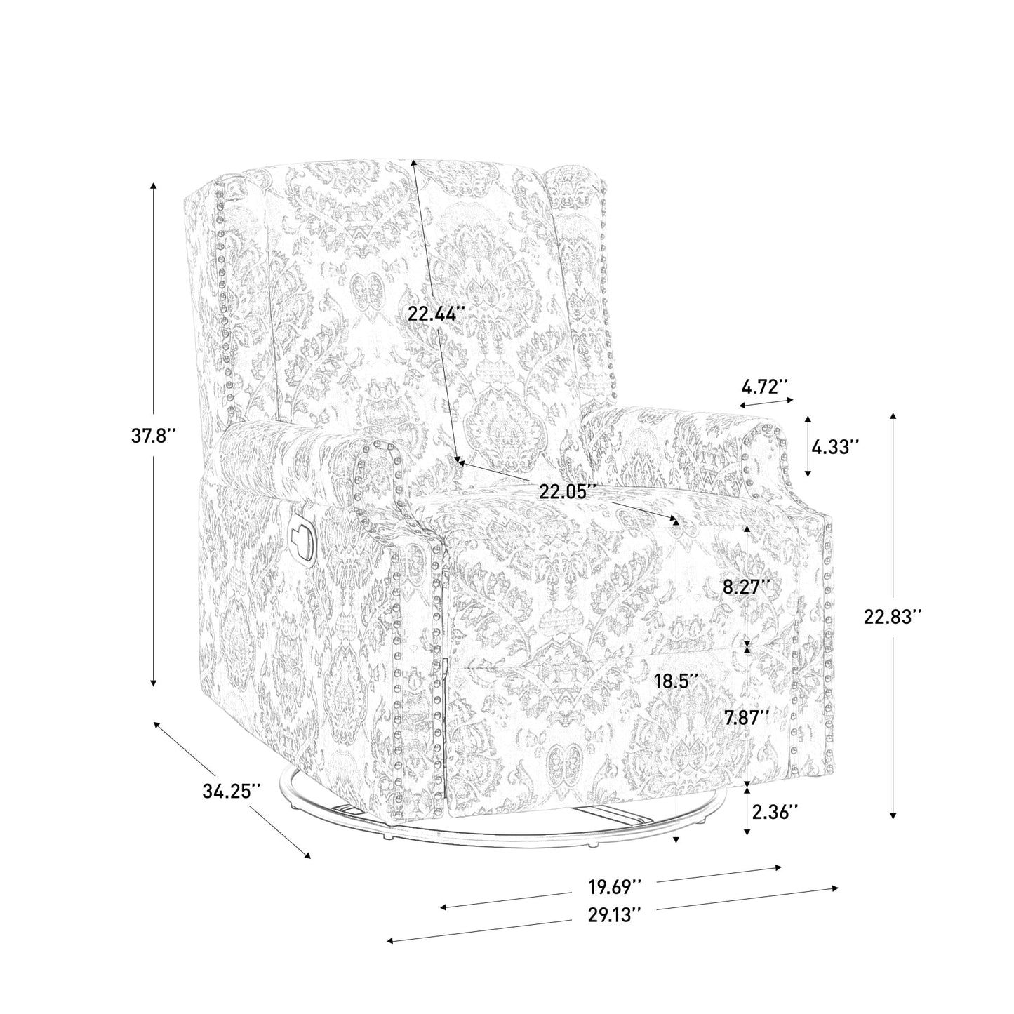 Poltrona reclinabile girevole manuale con schienale a spinta, motivo floreale, da 29'' di larghezza