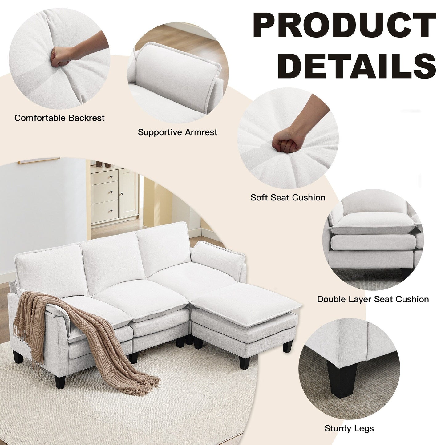 Divano di lusso a 3 posti e poggiapiedi: comfort ultra-morbido e multi-stanza