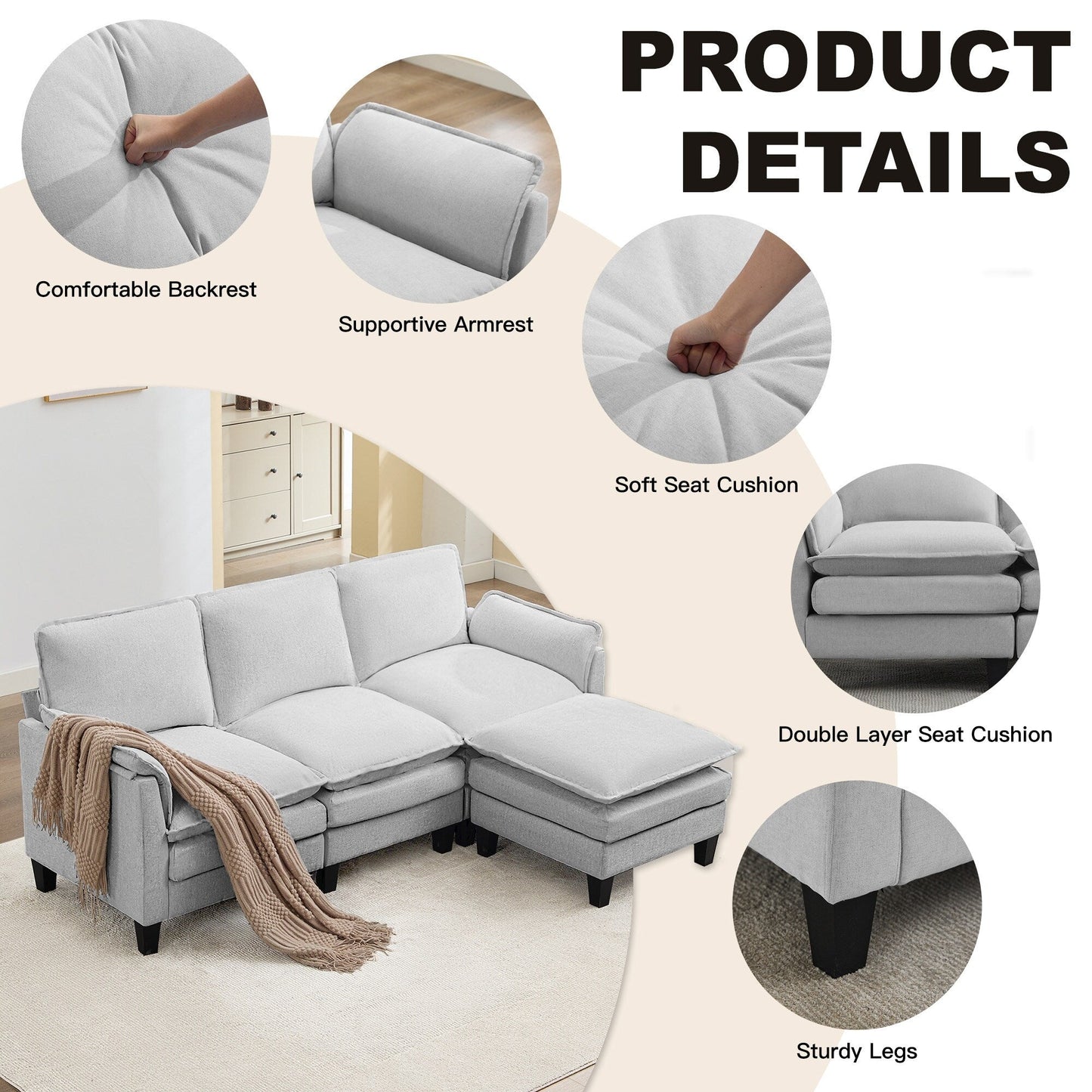 Divano di lusso a 3 posti e poggiapiedi: comfort ultra-morbido e multi-stanza