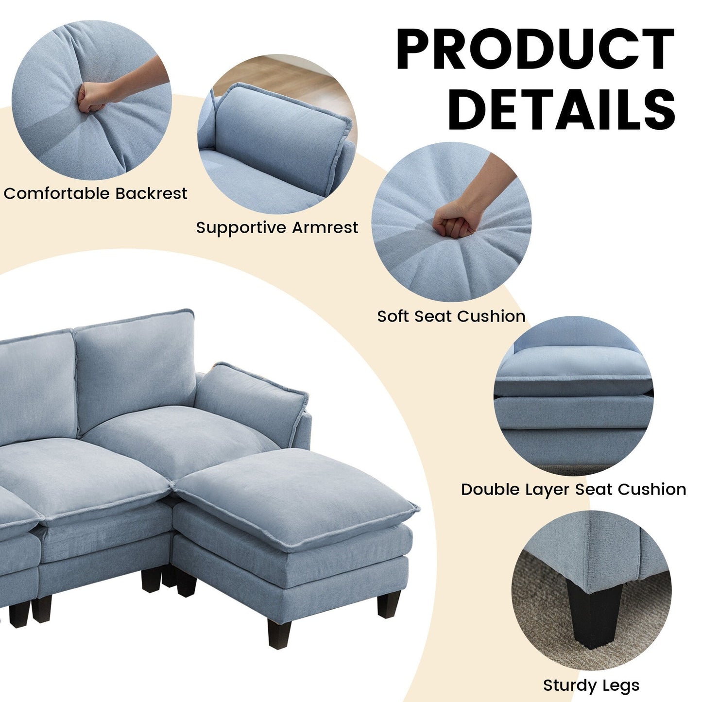 Divano di lusso a 4 posti e poggiapiedi: comfort ultra-morbido e multi-stanza