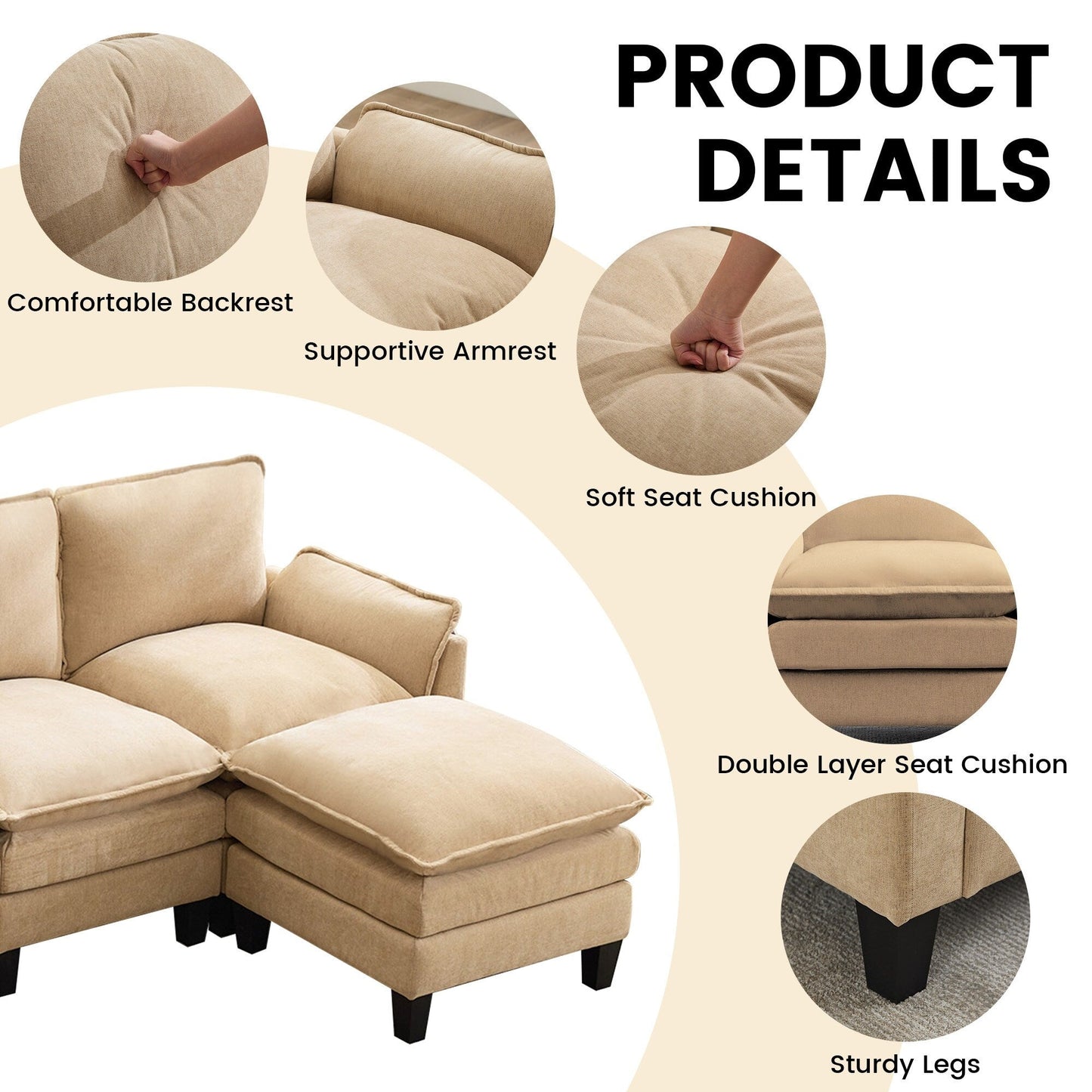 Divano di lusso a 4 posti e poggiapiedi: comfort ultra-morbido e multi-stanza