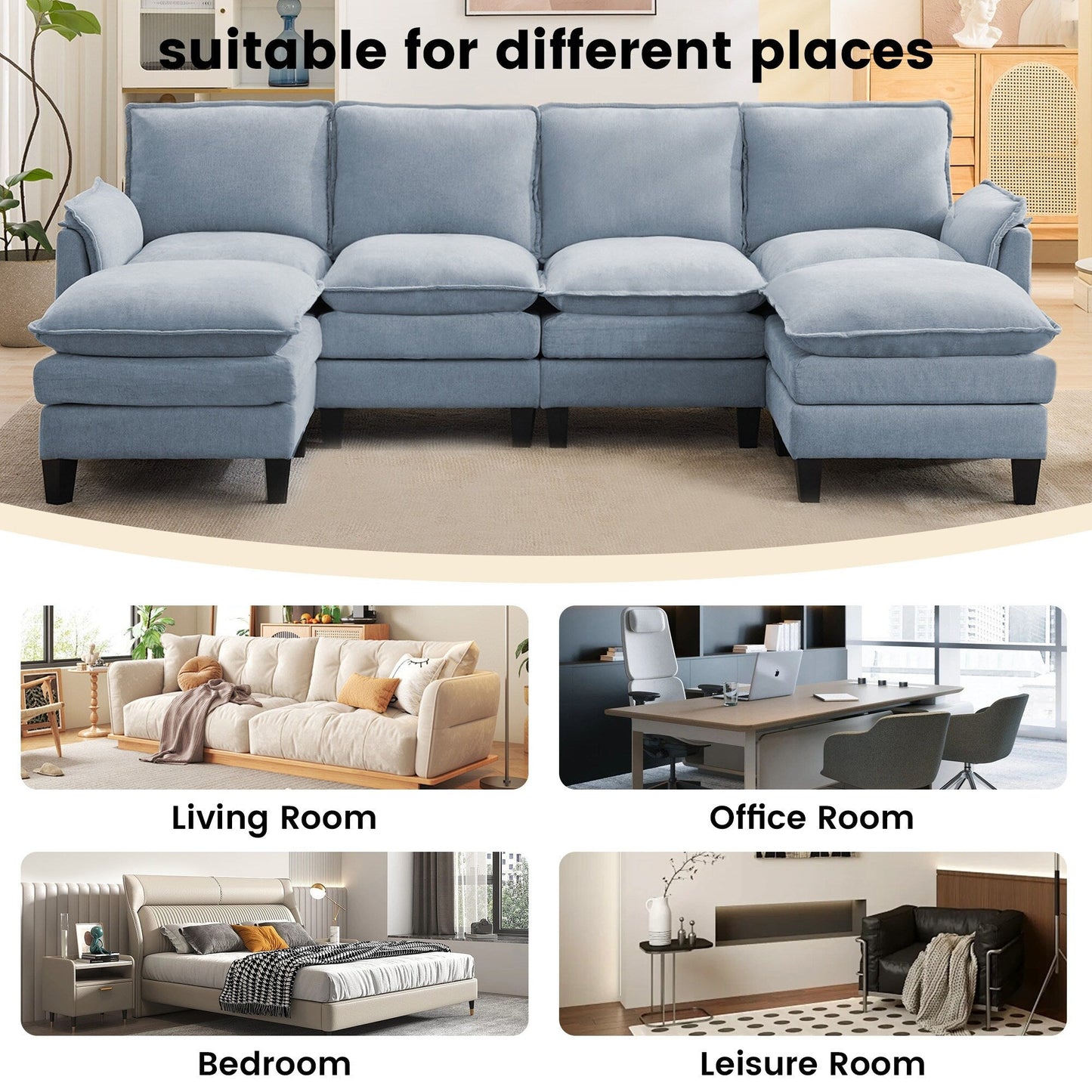 Divano di lusso a 4 posti e poggiapiedi: comfort ultra-morbido e multi-stanza