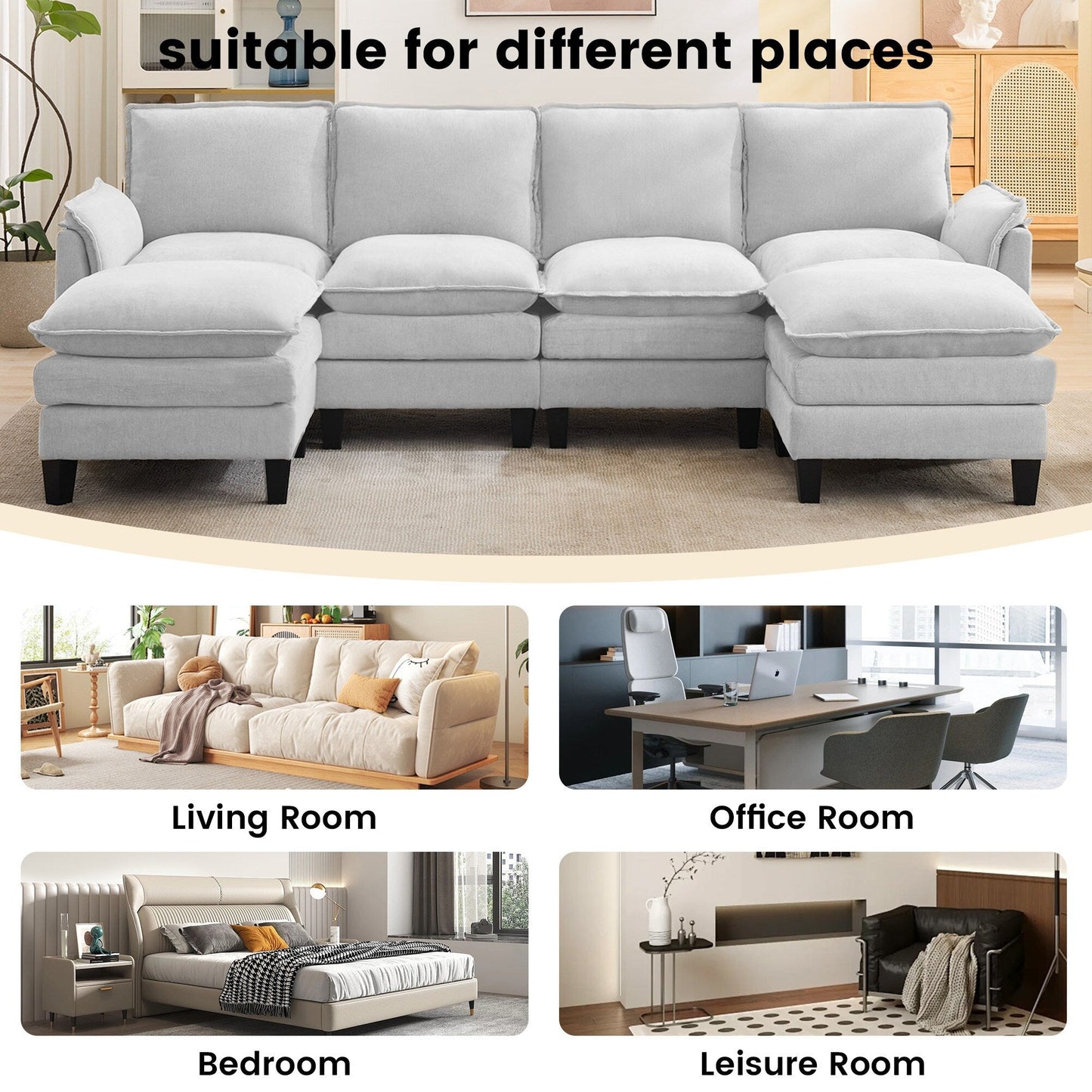 Divano di lusso a 4 posti e poggiapiedi: comfort ultra-morbido e multi-stanza