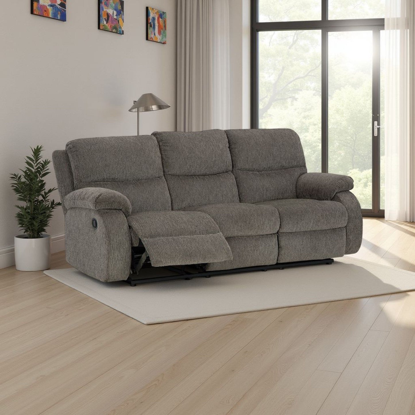 Divano reclinabile manuale Lyla con schienale a balze, poliestere grigio, 86 pollici