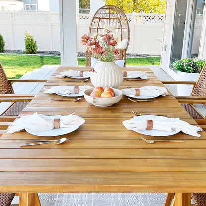 MAISON ARTS Set da pranzo per esterni in legno di acacia da 5/7/9 pezzi, tavolo in legno di teak e sedie da pranzo con seduta e schienale in vimini