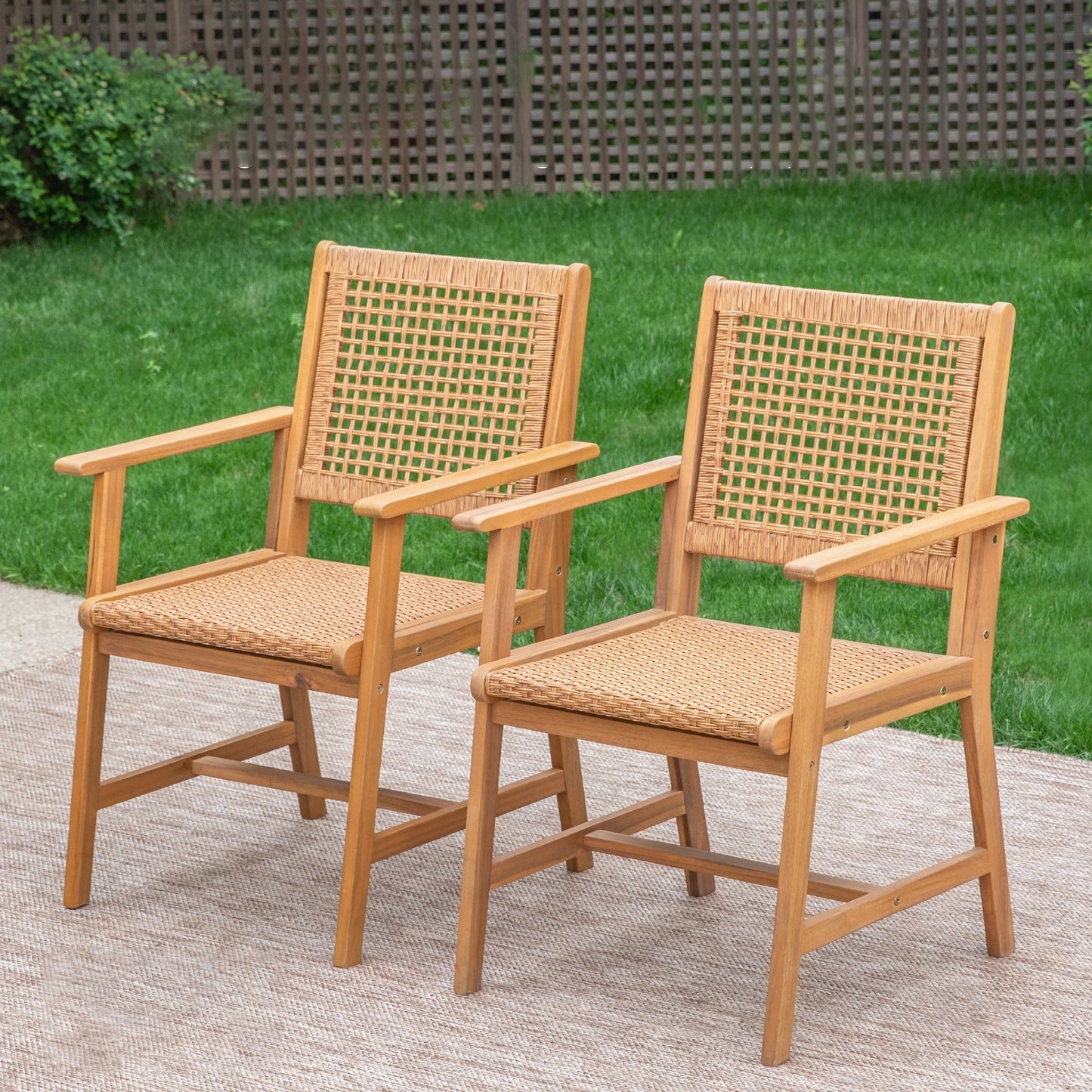 MAISON ARTS Set da pranzo per esterni in legno di acacia da 5/7/9 pezzi, tavolo in legno di teak e sedie da pranzo con seduta e schienale in vimini