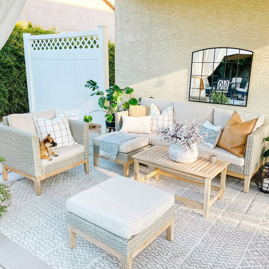 MAISON ARTS Set di divani componibili da esterno in rattan e legno di acacia da 5 pezzi, set da conversazione in vimini da patio con tavolino da caffè