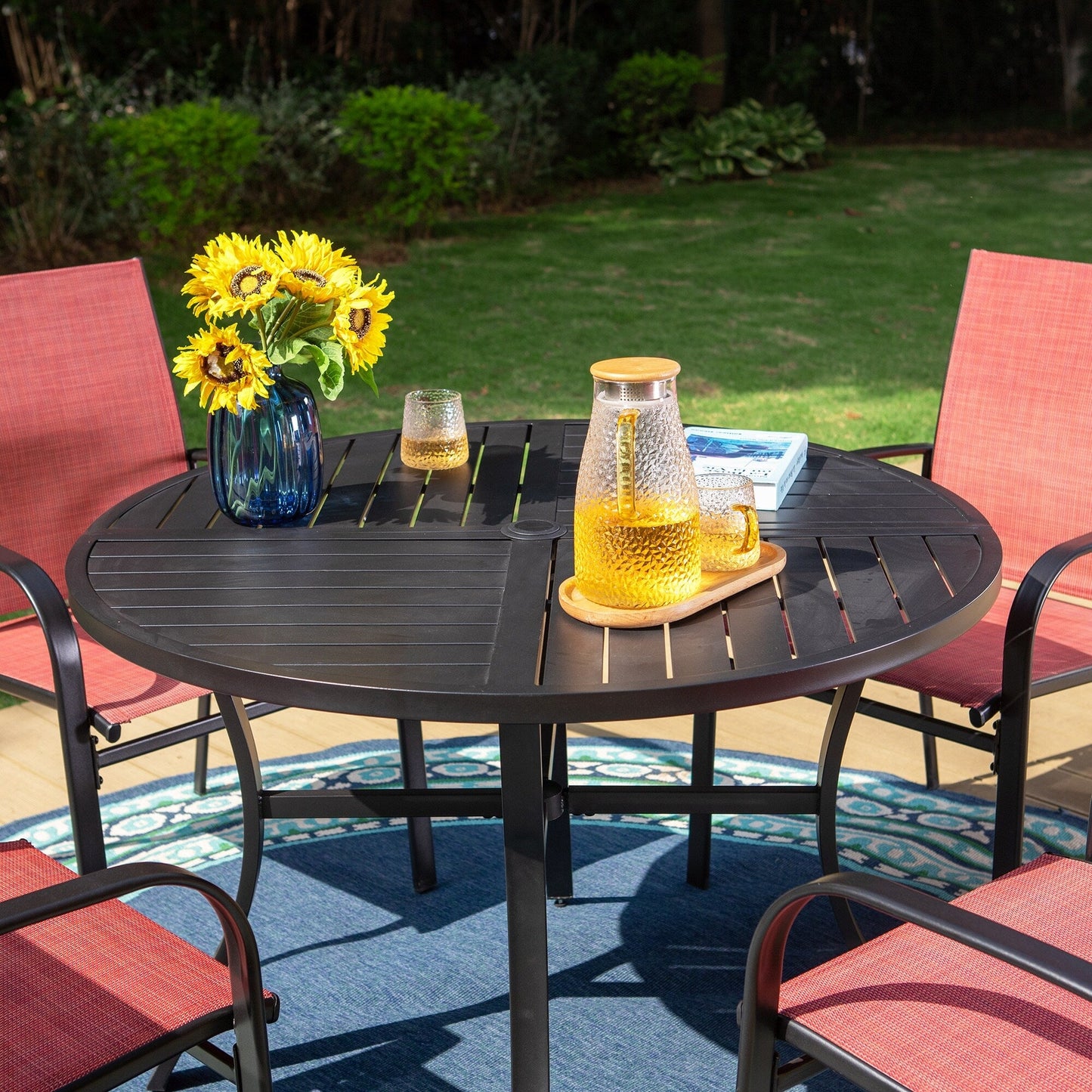 MAISON ARTS Set da pranzo per patio da 5 pezzi, tavolo rotondo con stampa geometrica e 4 sedie da pranzo in textilene