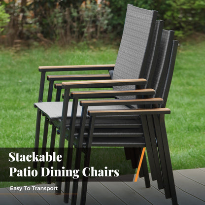 MAISON ARTS Set da pranzo per patio da 5 pezzi, 4 sedie da pranzo impilabili in alluminio e 1 tavolo in metallo - Nero