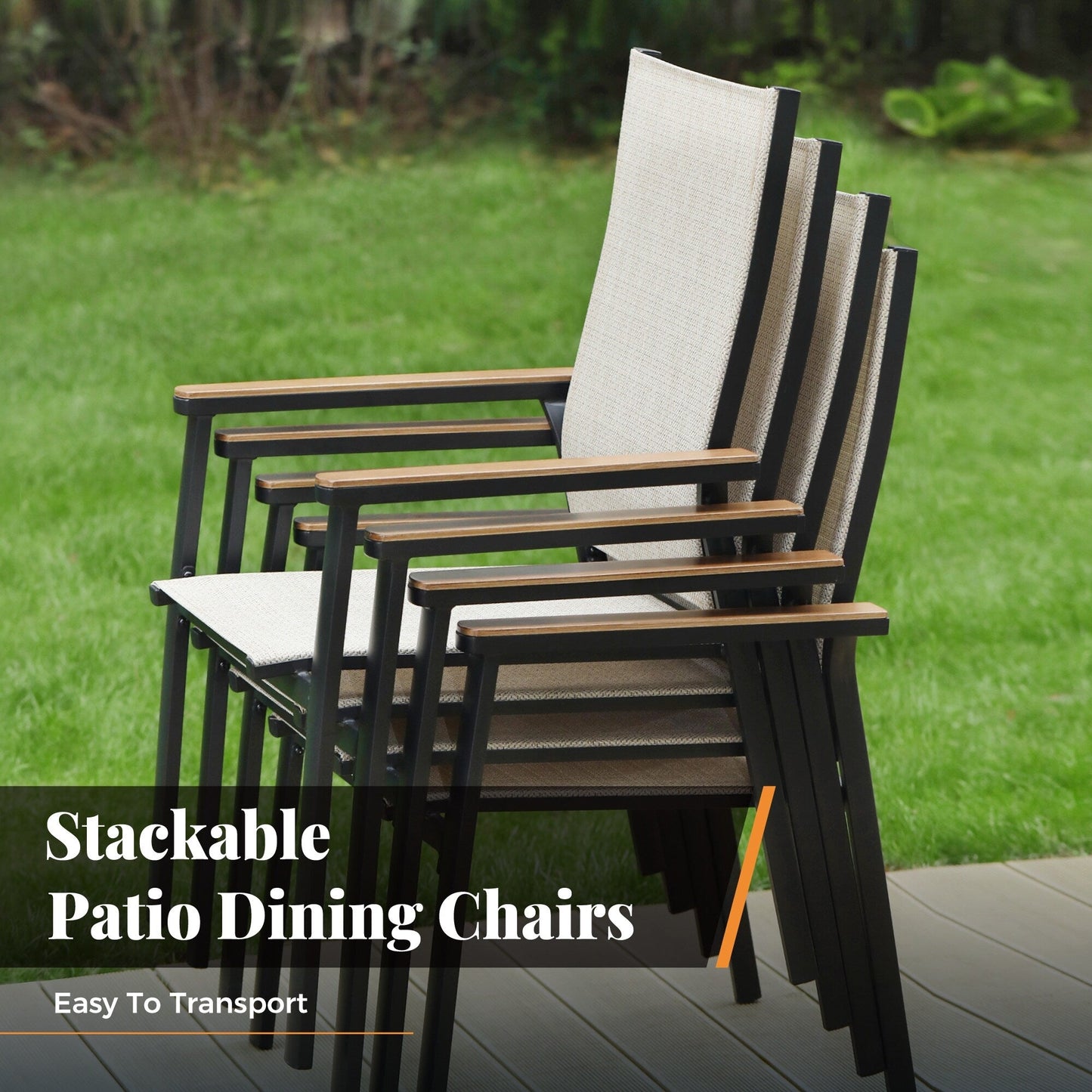 MAISON ARTS Set da pranzo per patio da 5 pezzi, 4 sedie da pranzo impilabili in alluminio e 1 tavolo in metallo - Nero