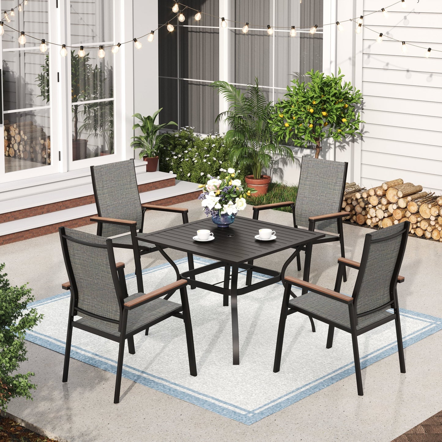 MAISON ARTS Set da pranzo per patio da 5 pezzi, 4 sedie da pranzo impilabili in alluminio e 1 tavolo in metallo - Nero