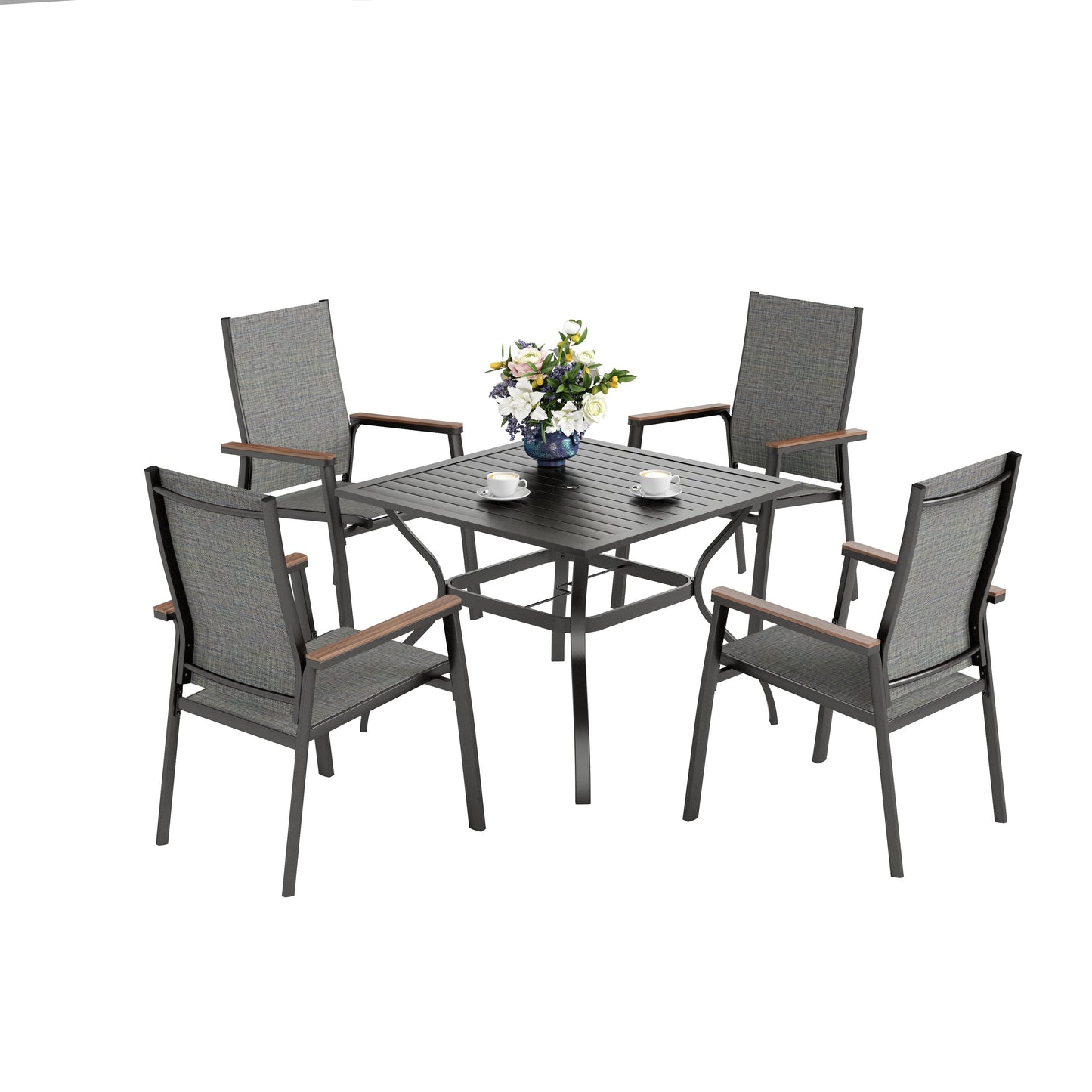 MAISON ARTS Set da pranzo per patio da 5 pezzi, 4 sedie da pranzo impilabili in alluminio e 1 tavolo in metallo - Nero