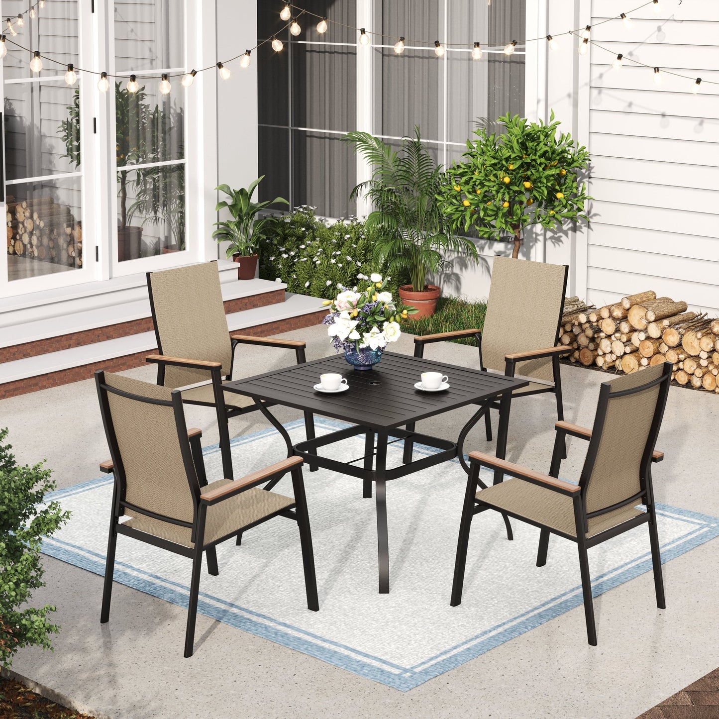 MAISON ARTS Set da pranzo per patio da 5 pezzi, 4 sedie da pranzo impilabili in alluminio e 1 tavolo in metallo - Nero