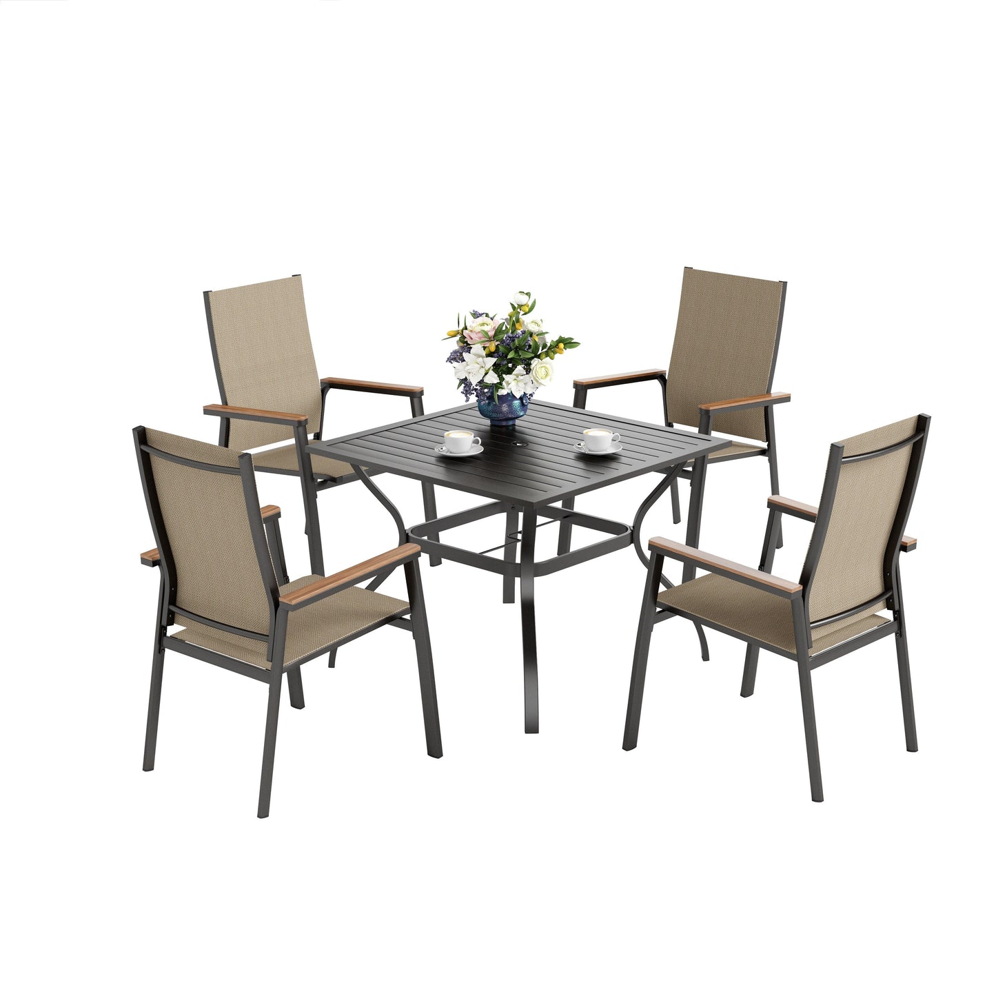 MAISON ARTS Set da pranzo per patio da 5 pezzi, 4 sedie da pranzo impilabili in alluminio e 1 tavolo in metallo - Nero