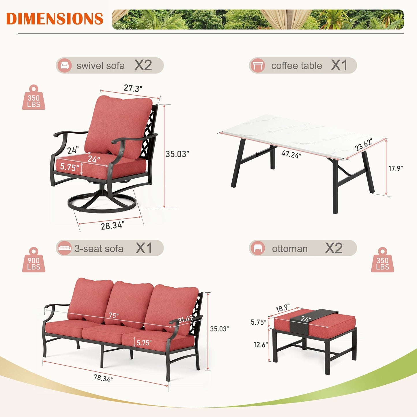 MAISON ARTS Set da conversazione per patio da 6/7 pezzi, set di divani con 2/4 sedie singole, 1 divano a 3 posti e tavolino/pouf