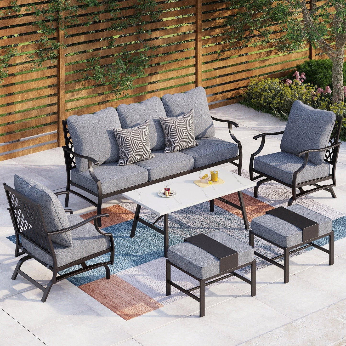 MAISON ARTS Set da conversazione per patio da 6/7 pezzi, set di divani con 2/4 sedie singole, 1 divano a 3 posti e tavolino/pouf