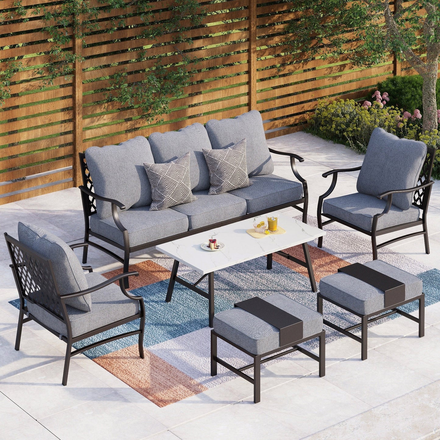 MAISON ARTS Set da conversazione per patio da 6/7 pezzi, set di divani con 2/4 sedie singole, 1 divano a 3 posti e tavolino/pouf