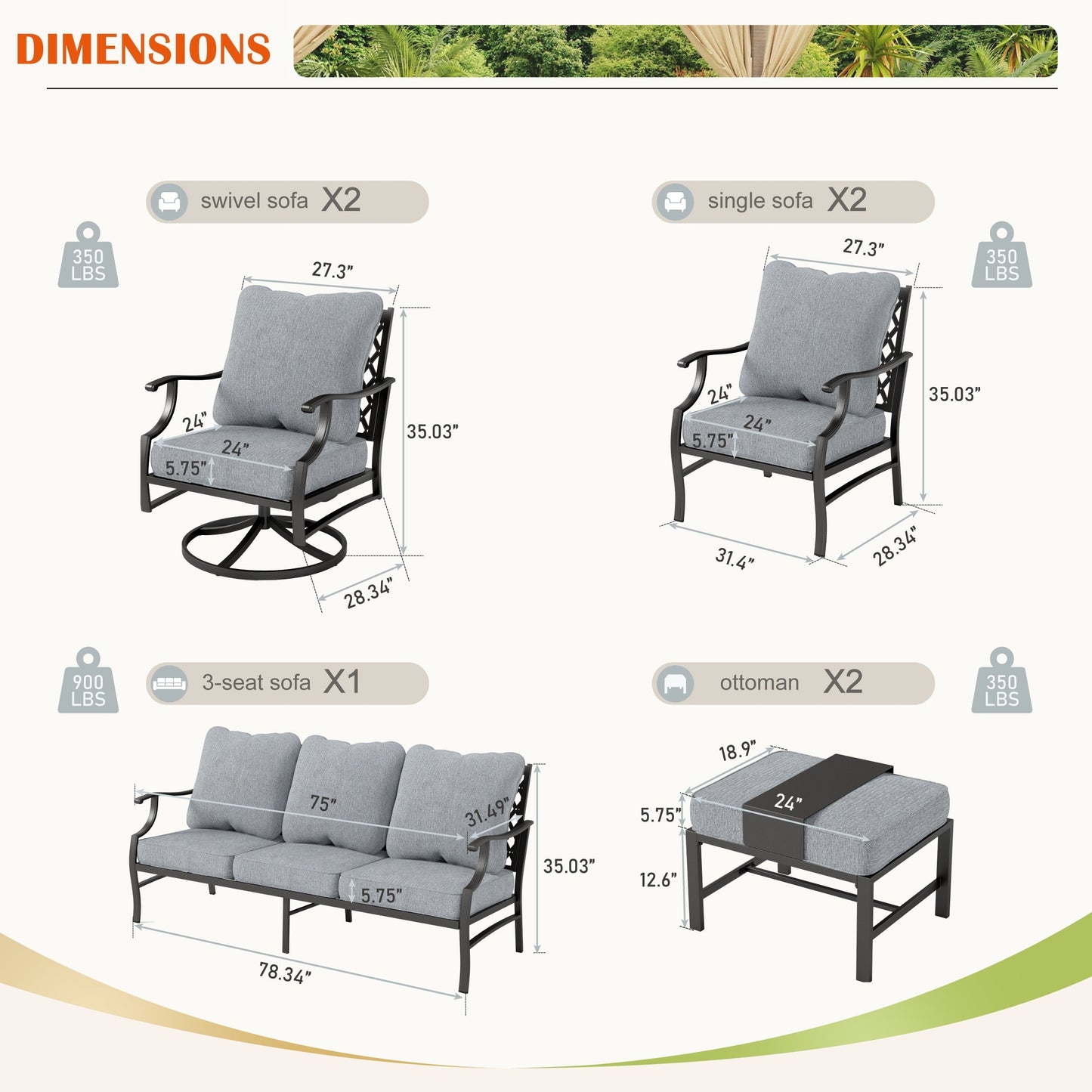 MAISON ARTS Set da conversazione per patio da 6/7 pezzi, set di divani con 2/4 sedie singole, 1 divano a 3 posti e tavolino/pouf