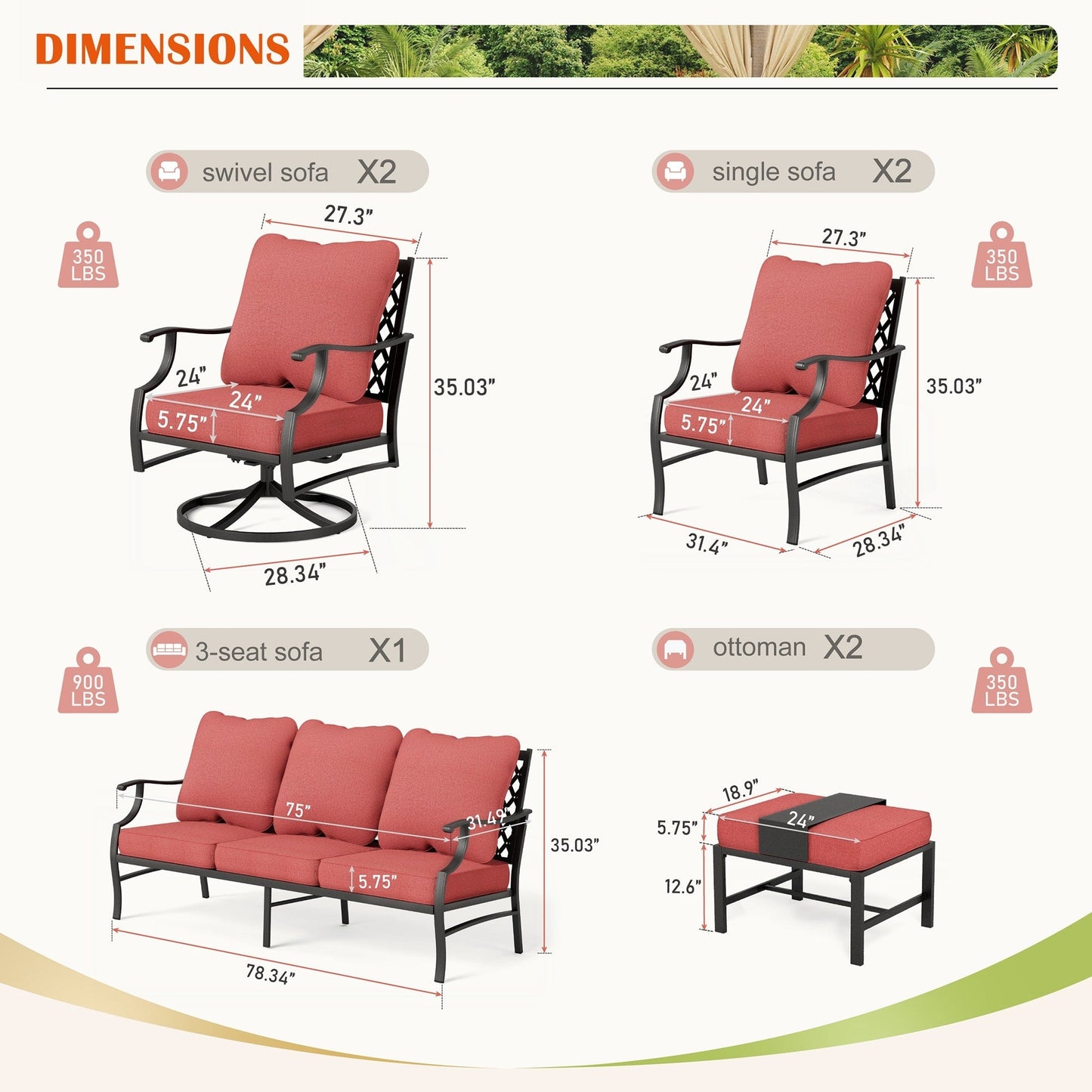 MAISON ARTS Set da conversazione per patio da 6/7 pezzi, set di divani con 2/4 sedie singole, 1 divano a 3 posti e tavolino/pouf