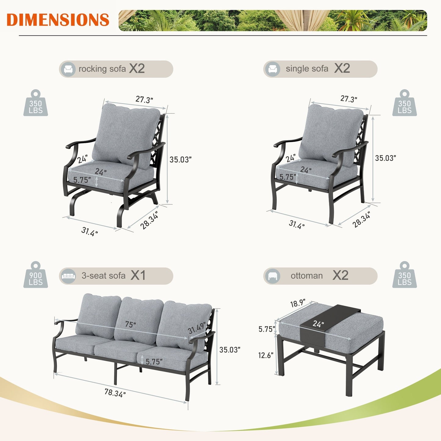 MAISON ARTS Set da conversazione per patio da 6/7 pezzi, set di divani con 2/4 sedie singole, 1 divano a 3 posti e tavolino/pouf