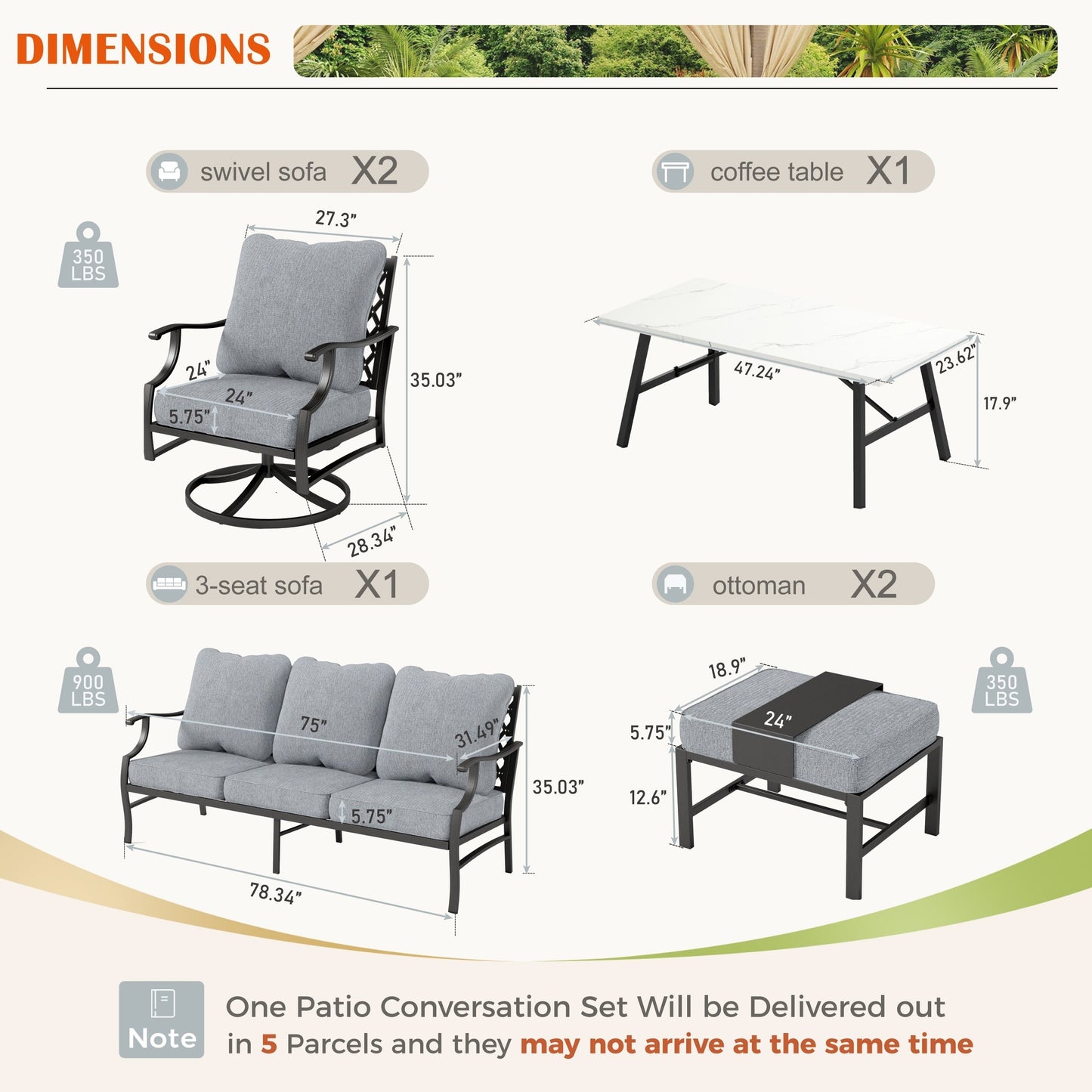 MAISON ARTS Set da conversazione per patio da 6/7 pezzi, set di divani con 2/4 sedie singole, 1 divano a 3 posti e tavolino/pouf