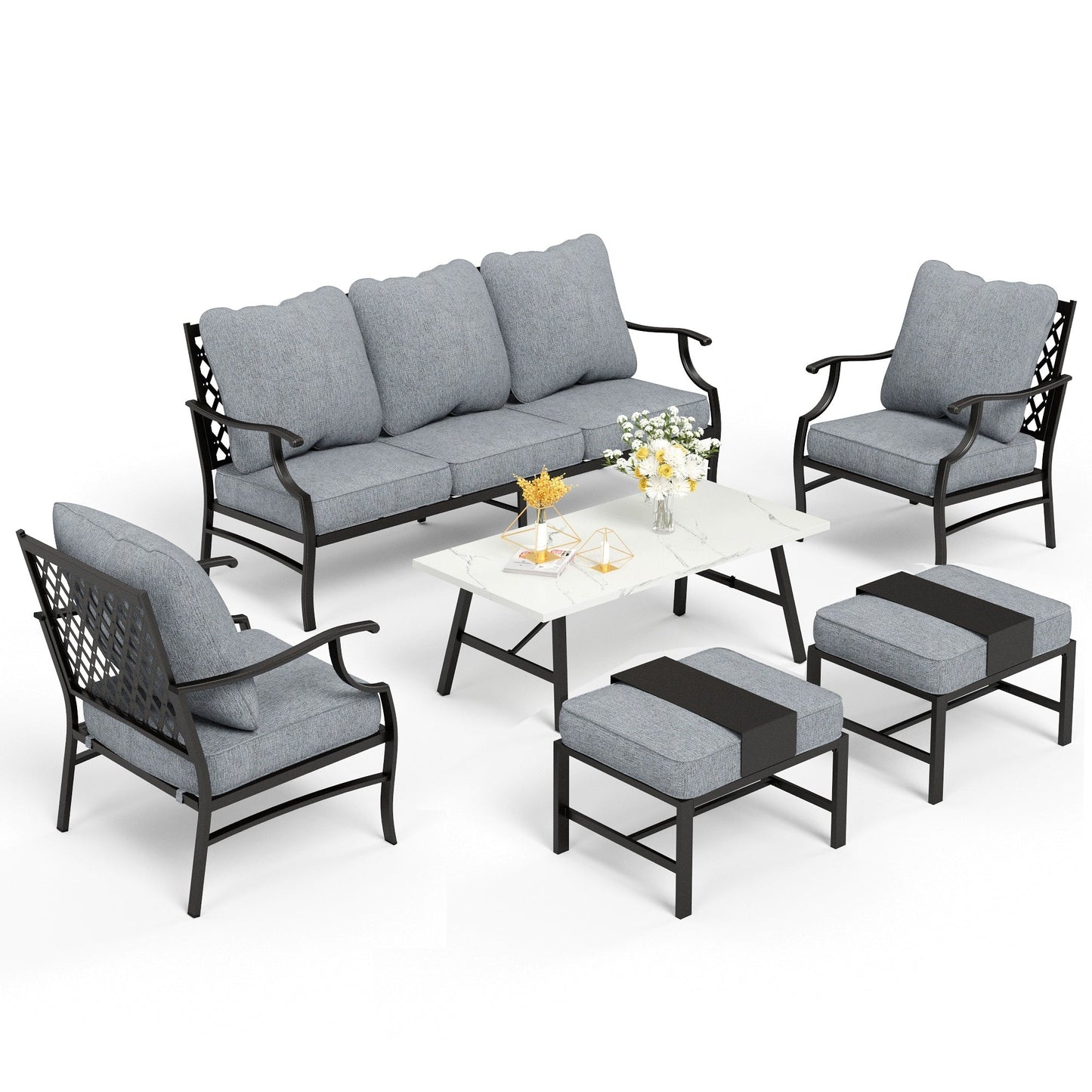 MAISON ARTS Set da conversazione per patio da 6/7 pezzi, set di divani con 2/4 sedie singole, 1 divano a 3 posti e tavolino/pouf