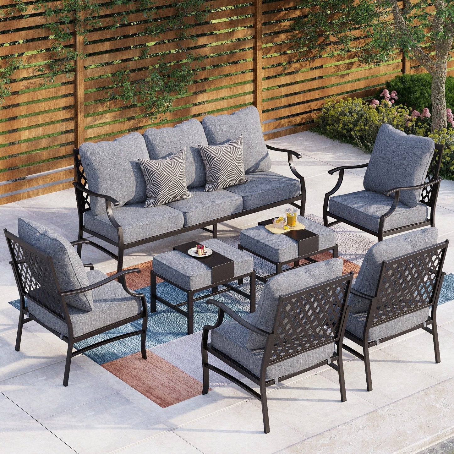 MAISON ARTS Set da conversazione per patio da 6/7 pezzi, set di divani con 2/4 sedie singole, 1 divano a 3 posti e tavolino/pouf