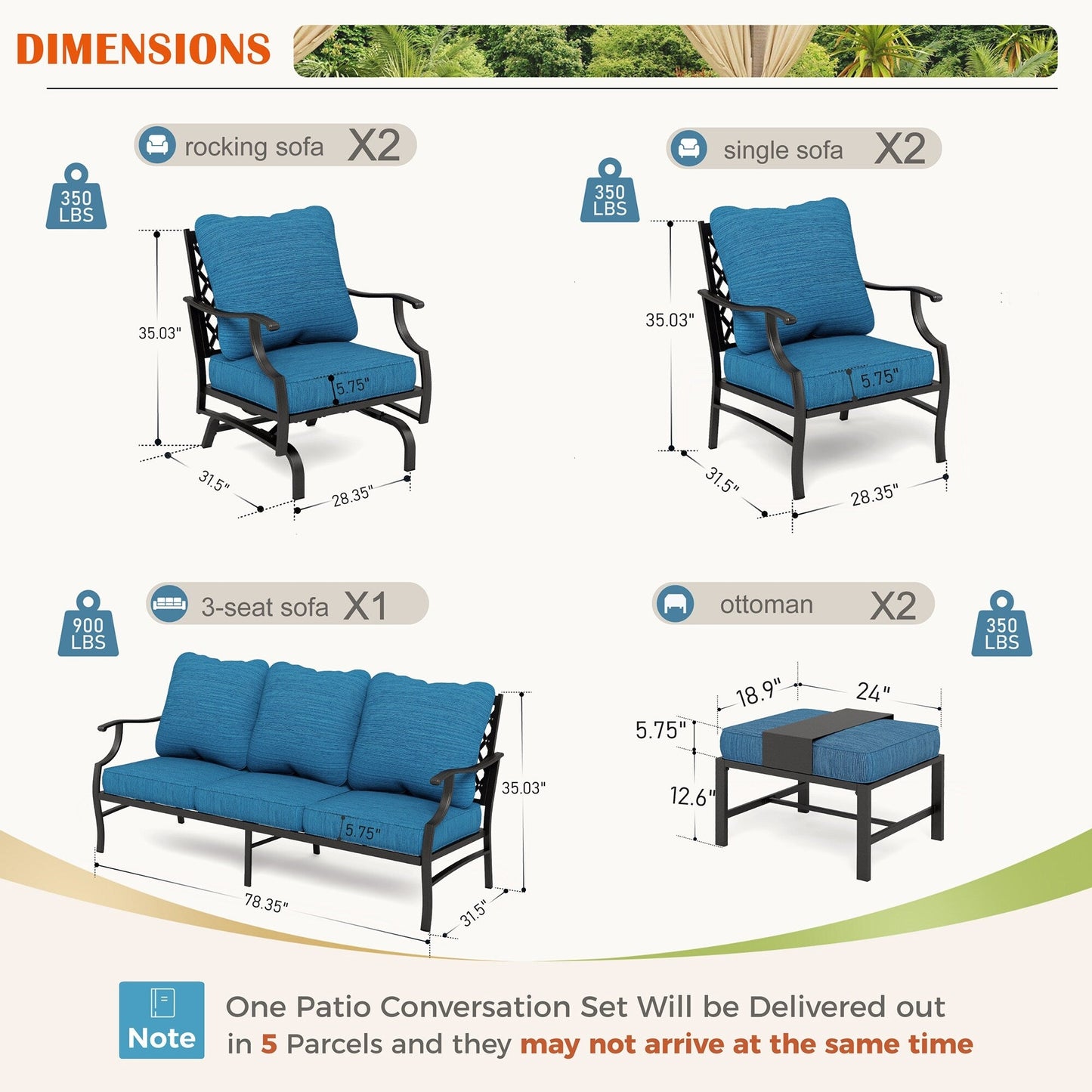 MAISON ARTS Set da conversazione per patio da 6/7 pezzi, set di divani con 2/4 sedie singole, 1 divano a 3 posti e tavolino/pouf