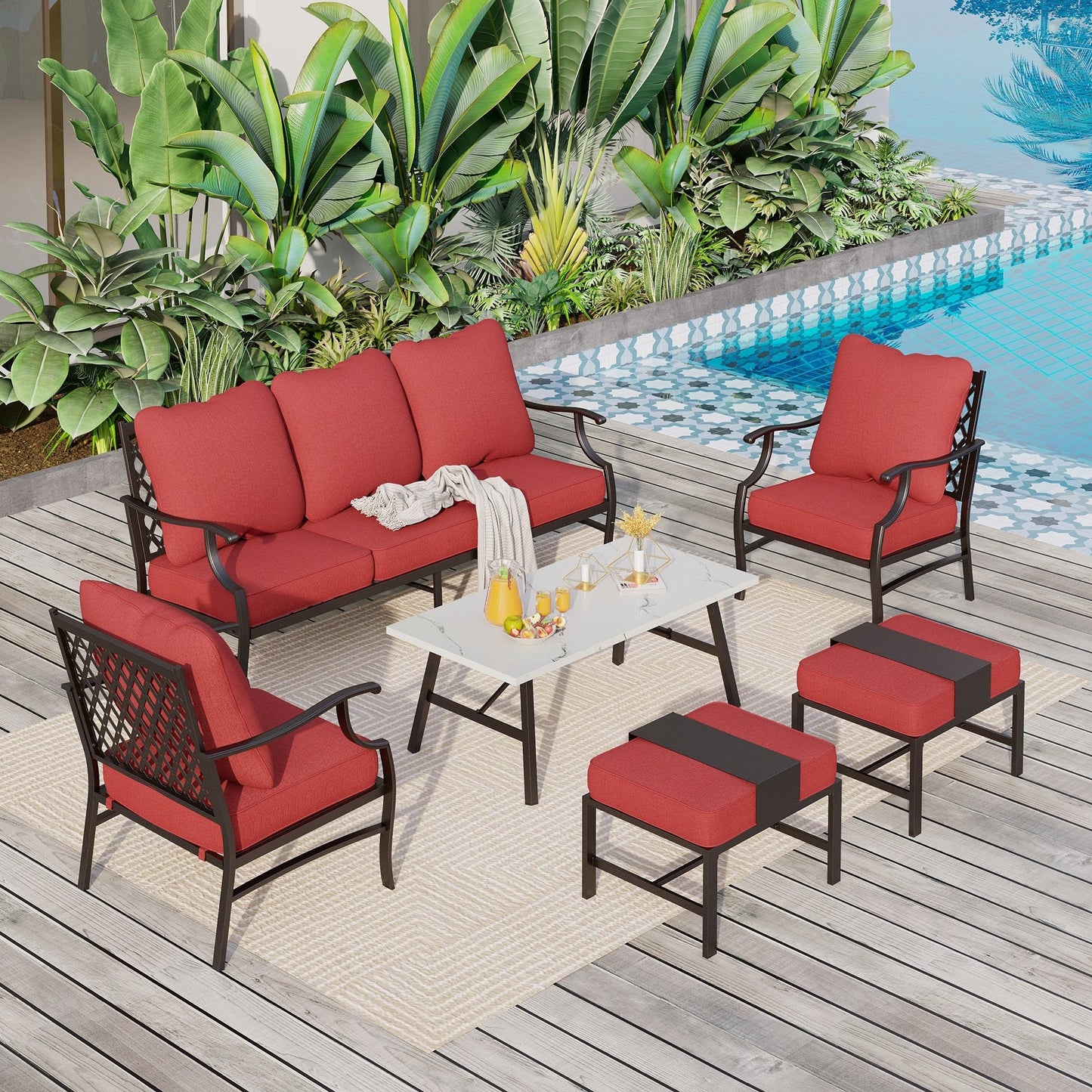 MAISON ARTS Set da conversazione per patio da 6/7 pezzi, set di divani con 2/4 sedie singole, 1 divano a 3 posti e tavolino/pouf