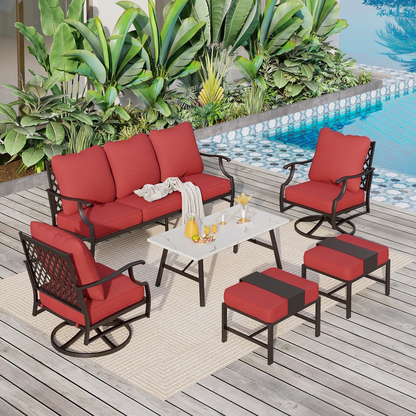 MAISON ARTS Set da conversazione per patio da 6/7 pezzi, set di divani con 2/4 sedie singole, 1 divano a 3 posti e tavolino/pouf