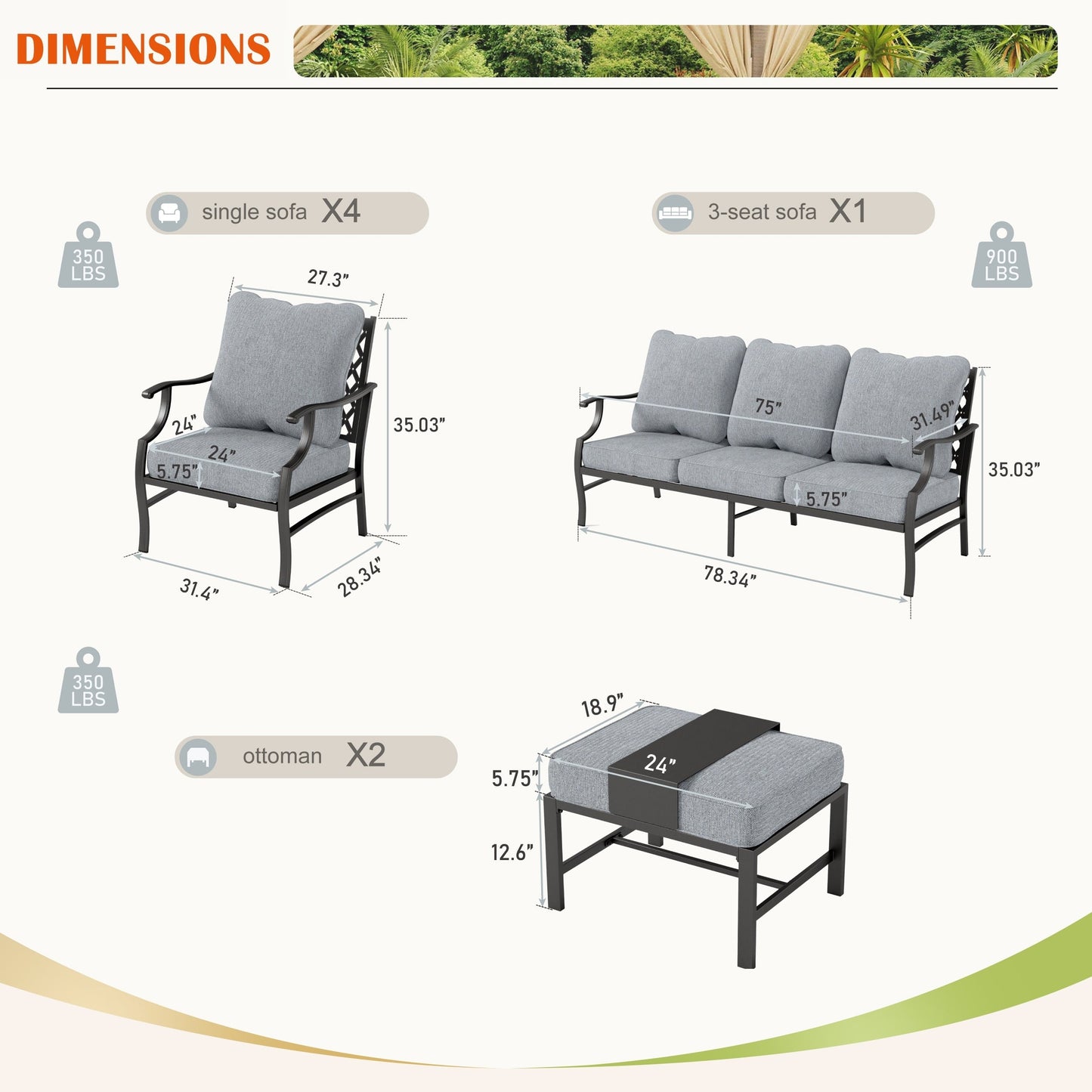 MAISON ARTS Set da conversazione per patio da 6/7 pezzi, set di divani con 2/4 sedie singole, 1 divano a 3 posti e tavolino/pouf